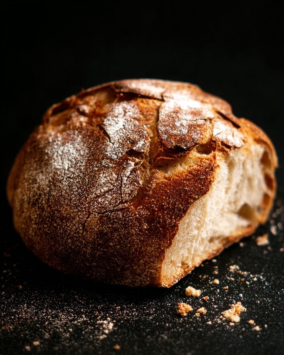 A crusty loaf of bread is shown close-up, resting on a black surface with crumbs scattered around. The bread has a thick, rough, golden-brown crust with a cracked pattern and a light dusting of white flour on top. A piece appears to be bitten or broken off from the right side, revealing a soft, light beige inside with a slightly airy texture. The background is dark, making the bread stand out clearly. Photo taken with an iphone --ar 4:5 --v 7