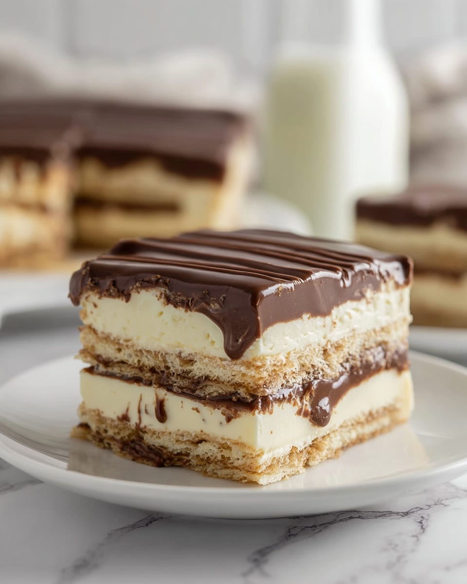 A close-up of a square layered dessert on a white plate shows three main layers: the bottom and middle layers are crumbly light brown biscuit or wafer pieces, separated by thick, creamy off-white custard-like filling with some darker spots inside. The top layer is a smooth, glossy dark chocolate ganache with visible ridges and slight drips over the edge. The dessert looks soft and rich with clear texture contrasts, set against a white marbled surface and with a blurred background of a glass bottle of milk and more dessert pieces. Photo taken with an iphone --ar 4:5 --v 7