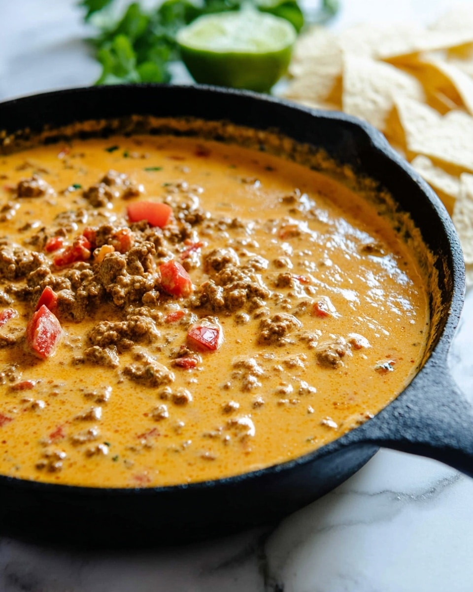 A close-up view of a black cast iron skillet filled with a creamy, yellow-orange cheese sauce mixed with browned ground meat and small pieces of red tomato, creating a rich, chunky texture across the surface. The skillet is placed on a white marbled surface with a few white tortilla chips, a green lime, and some green cilantro leaves blurred in the background, giving a fresh and inviting look. Photo taken with an iphone --ar 4:5 --v 7