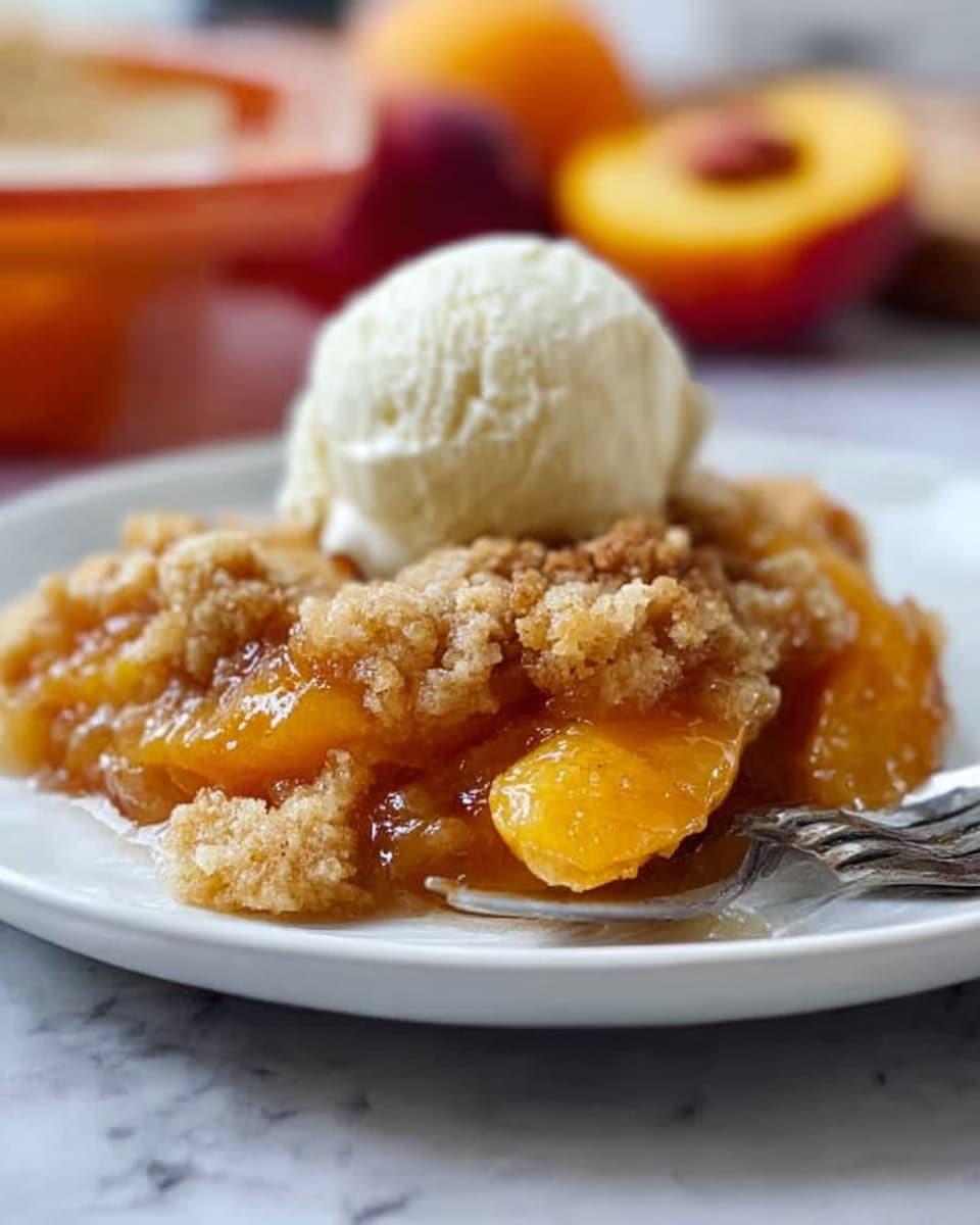 A white plate holds a serving of peach cobbler topped with a scoop of vanilla ice cream. The dish has a bottom layer of soft, baked peach slices in syrup, showing orange and golden colors with a slightly glossy texture. Above the peach layer, there is a crumbly brown biscuit topping with a rough texture that appears crispy. The vanilla ice cream scoop is smooth and creamy with a light beige color, sitting in the center on top of the biscuit layer. A silver fork rests beside the cobbler on the plate. The scene is set on a white marbled surface, with blurred fruit in the background. Photo taken with an iphone --ar 4:5 --v 7