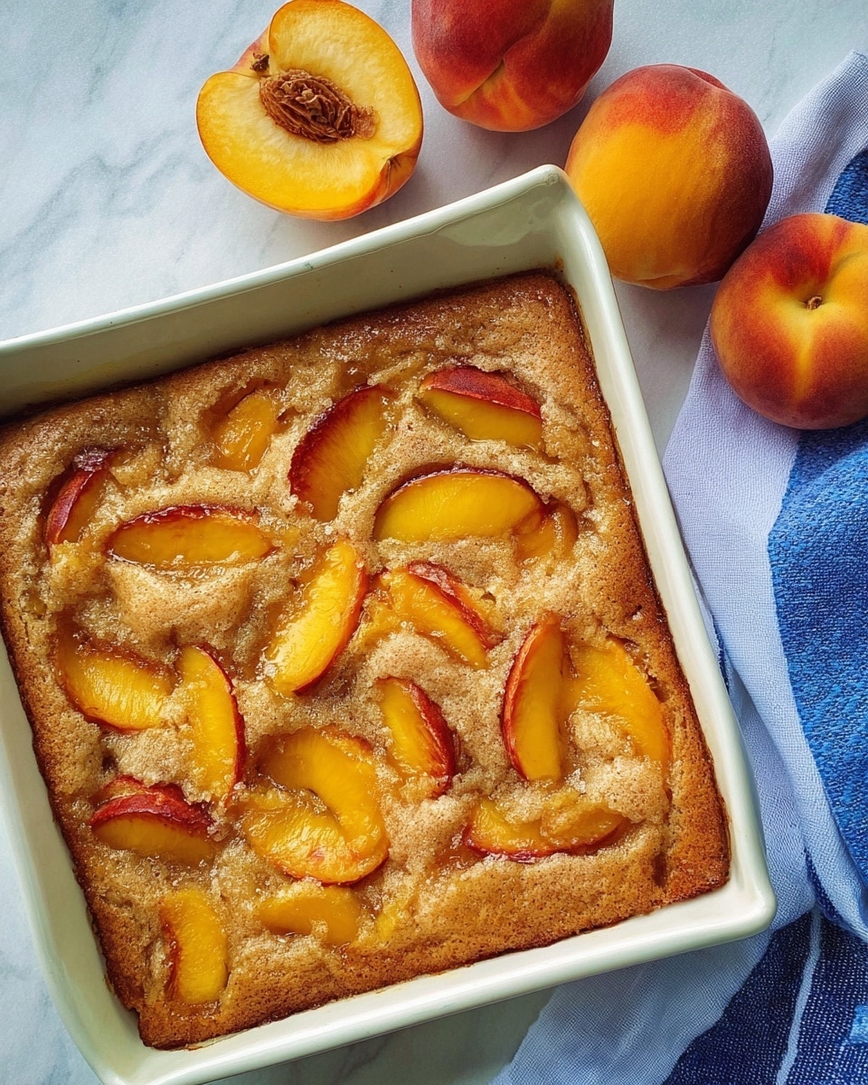 A baked peach dessert in a square white ceramic dish, showing one visible layer where golden-orange peach slices with red edges are mixed into a light brown, slightly crumbly cake-like batter that fills the dish evenly. Next to the dish, on a white marbled surface, are whole and halved peaches, revealing their bright yellow-orange flesh and brown pits. A blue and white striped cloth is partly visible to the right. Photo taken with an iphone --ar 4:5 --v 7
