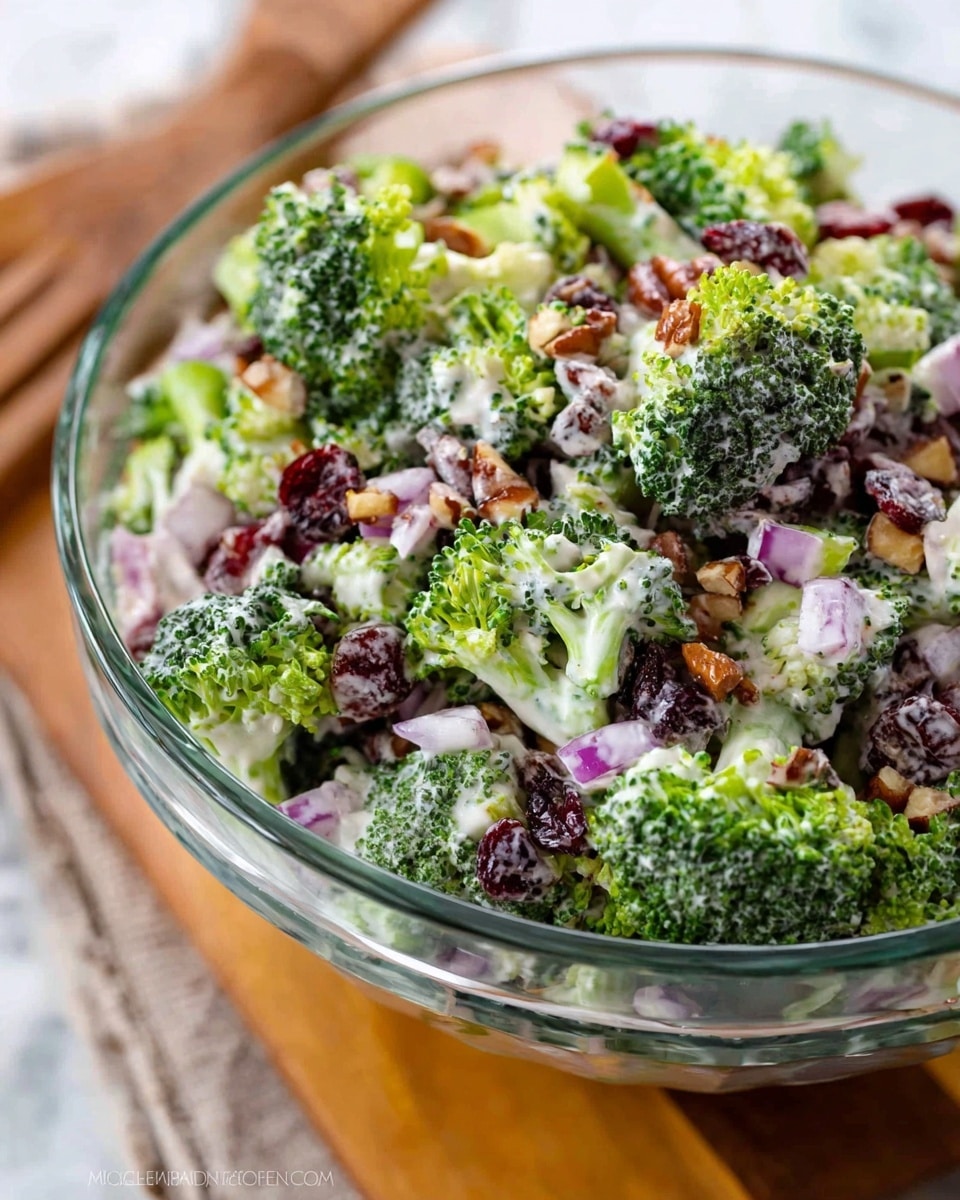 A clear glass bowl filled with a broccoli salad. The salad has three main layers: bright green broccoli florets with a fresh, slightly rough texture, small pieces of chopped purple onion scattered throughout, and dark red dried cranberries adding a pop of color. The salad is coated lightly with a creamy, white dressing that drips slightly over the broccoli. Tiny bits of chopped nuts, both light brown and tan, are mixed in, adding texture contrast. The bowl sits on a wooden board with a white marbled textured surface beneath it. photo taken with an iphone --ar 4:5 --v 7