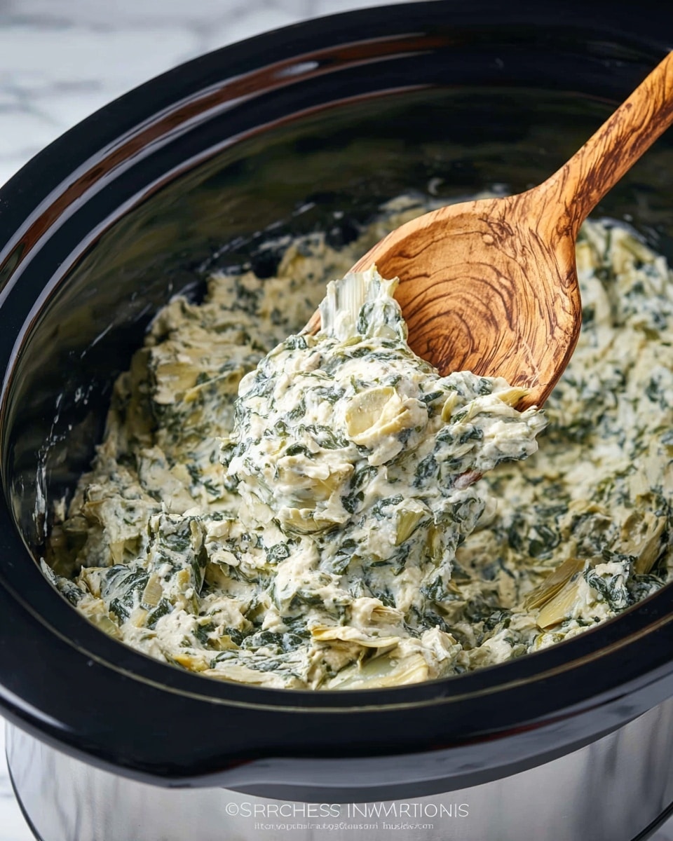 A close-up of a black slow cooker with a shiny silver base, filled with creamy, white and green spinach artichoke dip that has a thick and slightly chunky texture with visible pieces of artichoke and spinach. A wooden spoon with warm brown swirls is scooping some of the dip, showing the thickness of the mixture. The slow cooker is placed on a surface with a white marbled texture. photo taken with an iphone --ar 4:5 --v 7