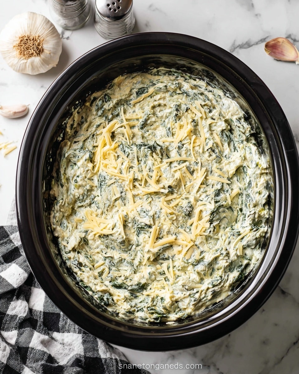 A single layer of creamy spinach dip fills a black pot, showing a mix of smooth, light green cream and darker green spinach leaves. Scattered on top are pale yellow shredded cheese pieces, adding texture and color contrast. The pot is placed on a white marbled surface, with a whole garlic bulb and a pair of salt and pepper shakers nearby, and a black-and-white checkered cloth partially visible on the side. photo taken with an iphone --ar 4:5 --v 7