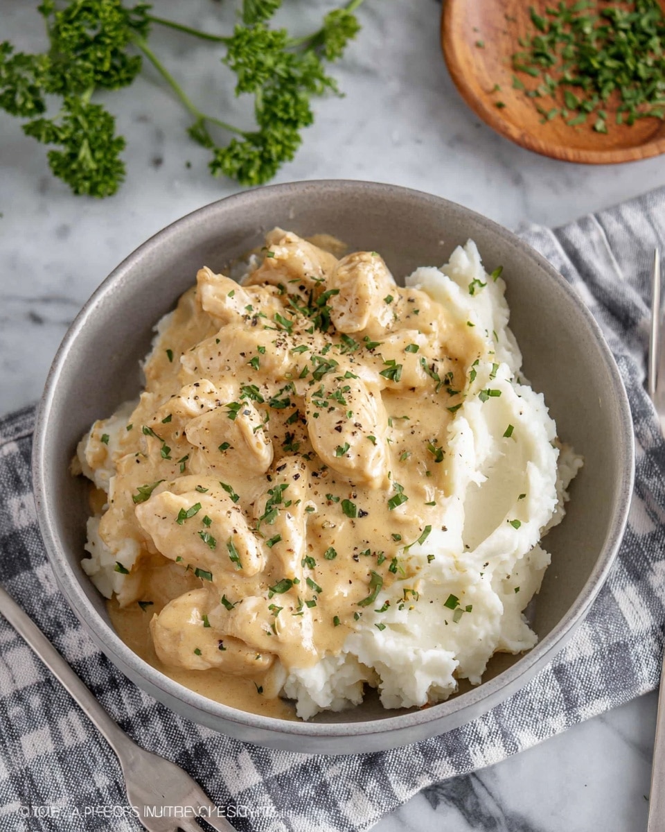 The dish shows one bowl with two layers: the bottom layer is white mashed potatoes with a soft and fluffy texture, and the top layer is creamy chicken strips covered in a light beige sauce, sprinkled with small green herbs and black pepper pieces. The bowl is placed on a white marbled surface, with a gray and white checkered cloth under part of the bowl. There are green parsley leaves on the surface in the background, a silver fork resting next to the bowl, and a small wooden plate with chopped herbs on the side. Photo taken with an iphone --ar 4:5 --v 7