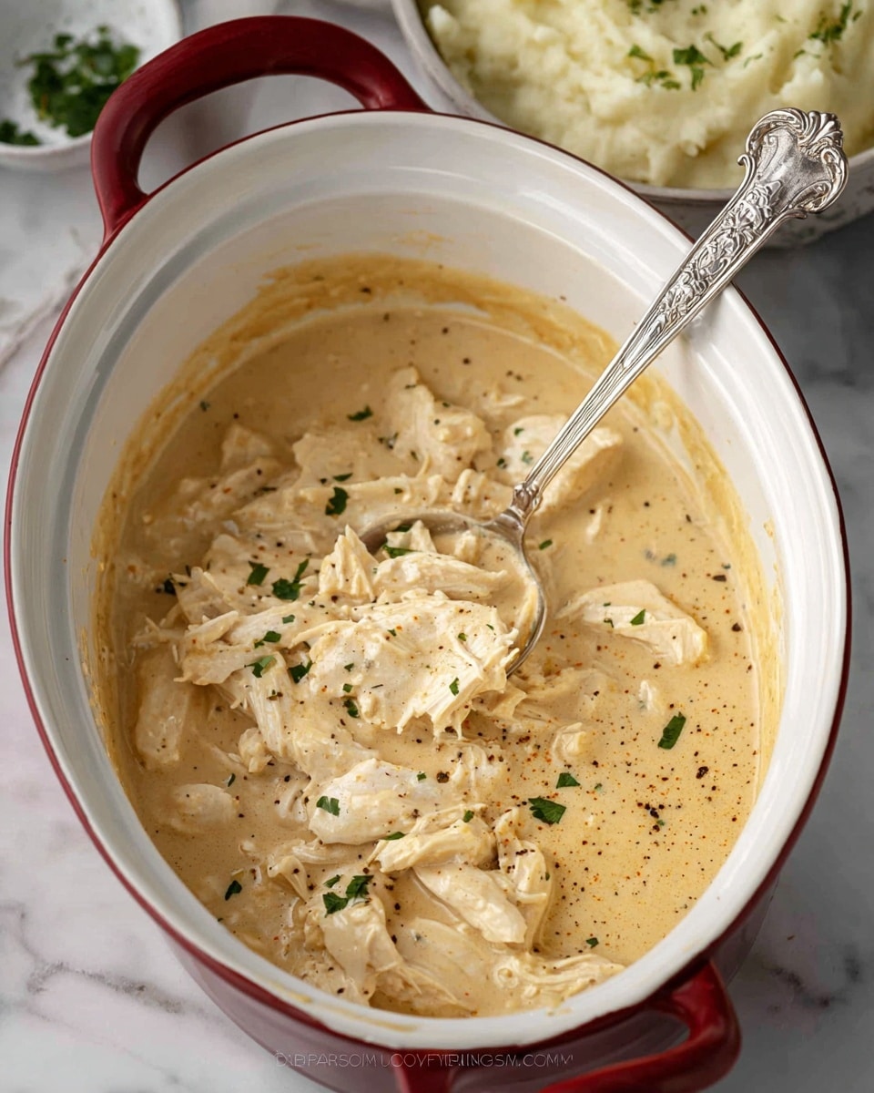A white pot with red handles holds a creamy chicken dish with shredded white chicken in a thick light beige sauce. The sauce is smooth with some black pepper and small green herb pieces sprinkled on top. A silver spoon with an ornate handle rests inside the pot, scooping up part of the chicken mixture. The pot is placed on a white marbled surface. In the background, a bowl of mashed potatoes with black pepper on top is partially visible. Photo taken with an iphone --ar 4:5 --v 7