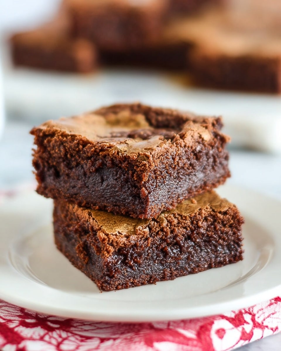 The image shows two thick brownie squares stacked on a white plate. The bottom layer is a dense, dark brown chocolate base with a moist texture, while the top layer is a lighter brown, slightly cracked, and crispy crust. The plate sits on a white marbled surface with a red and white patterned cloth beneath it, and the background is softly blurred with more brownies visible. photo taken with an iphone --ar 4:5 --v 7