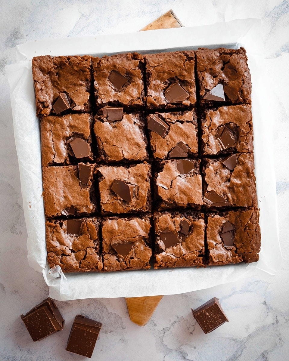 A square tray lined with white parchment paper holds freshly baked chocolate brownies cut into 16 equal squares with a slightly cracked, shiny brown top layer. Each square is embedded with several dark chocolate chunks, varying in size, scattered across the surface. The texture looks soft with a crisp top, and a few chocolate chunks are scattered outside the tray on the white marbled surface. photo taken with an iphone --ar 4:5 --v 7