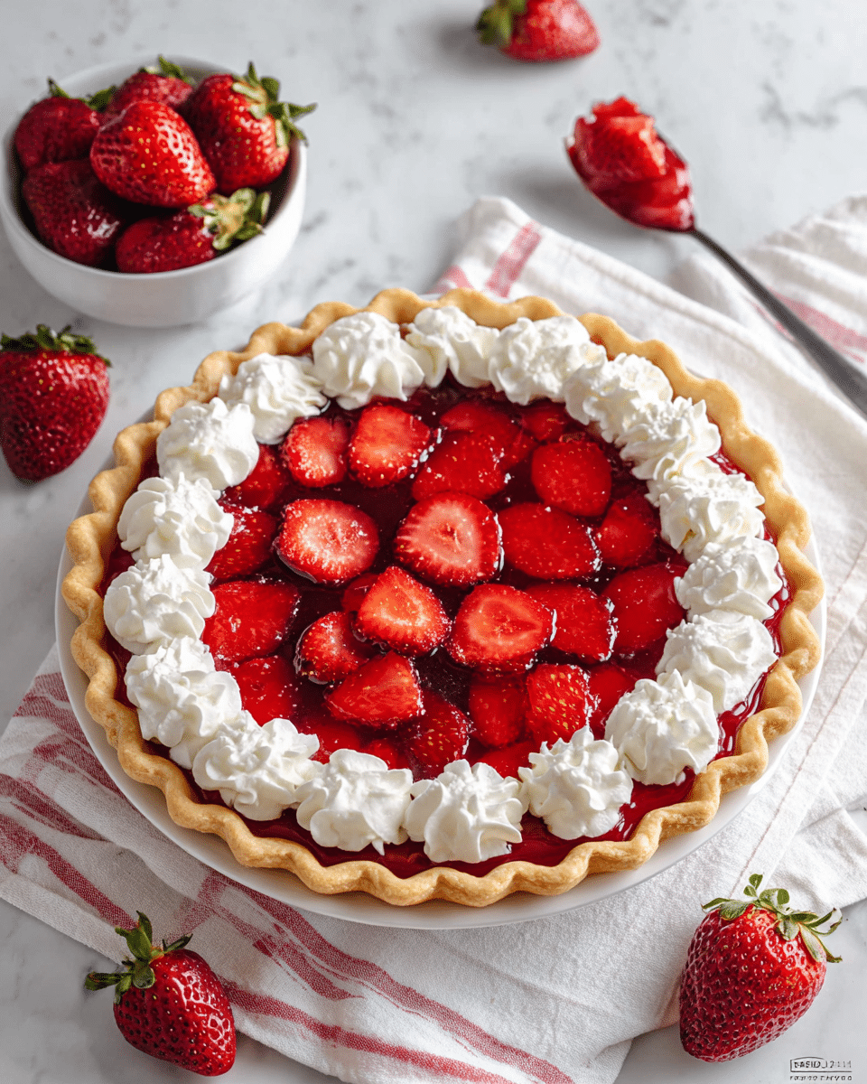 A strawberry pie sits on a white plate, placed on a white marbled surface with a white cloth with red stripes underneath. The pie has a golden-brown crust with a wavy edge. Inside, there is a shiny red jelly-like layer topped with numerous fresh strawberry slices arranged closely together. Around the edge of the pie, there are twelve dollops of white whipped cream, evenly spaced. Nearby, a white bowl filled with whole red strawberries and a spoon holding a single strawberry are visible. Two half strawberries are also on the surface. photo taken with an iphone --ar 4:5 --v 7