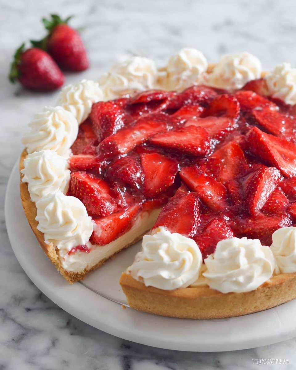 A round tart with a golden crust holds a creamy white filling as the middle layer. On top, there is a thick layer of bright red and juicy sliced strawberries covered with a shiny glaze. Around the edge of the tart, there are eight evenly spaced swirls of white whipped cream. The tart is placed on a white round plate, and the background has a white marbled texture. Photo taken with an iphone --ar 4:5 --v 7