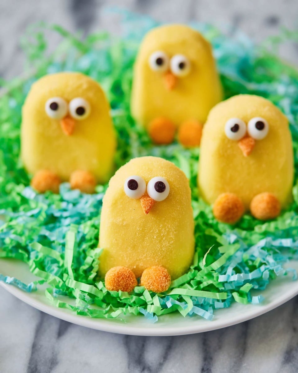 The image shows four small yellow chick-shaped treats arranged on a white plate filled with green and light blue shredded paper resembling grass. Each chick has two white candy eyes with black centers, an orange candy nose, and two small orange candy feet placed at the bottom front of their rounded bodies. The yellow coating on the chicks looks smooth with slight texture variations. The background surface is a white marbled texture. photo taken with an iphone --ar 4:5 --v 7