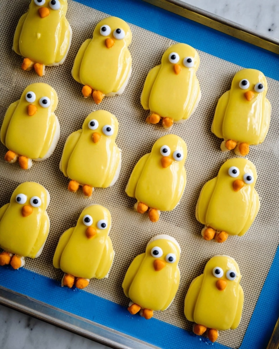 The image shows twelve small, yellow chick-shaped cookies or treats arranged in three rows on a baking tray lined with a silicone mat featuring blue edges. Each chick has a smooth, glossy yellow coating forming the body layer, with two white circular eyes with black centers on the upper part. Small orange oval shapes serve as both the beak and feet, positioned carefully with the beak between the eyes and the feet at the bottom edge of each chick. The shapes are simple and smooth, with slight uneven edges on some. The background is a white marbled surface visible around the tray. photo taken with an iphone --ar 4:5 --v 7