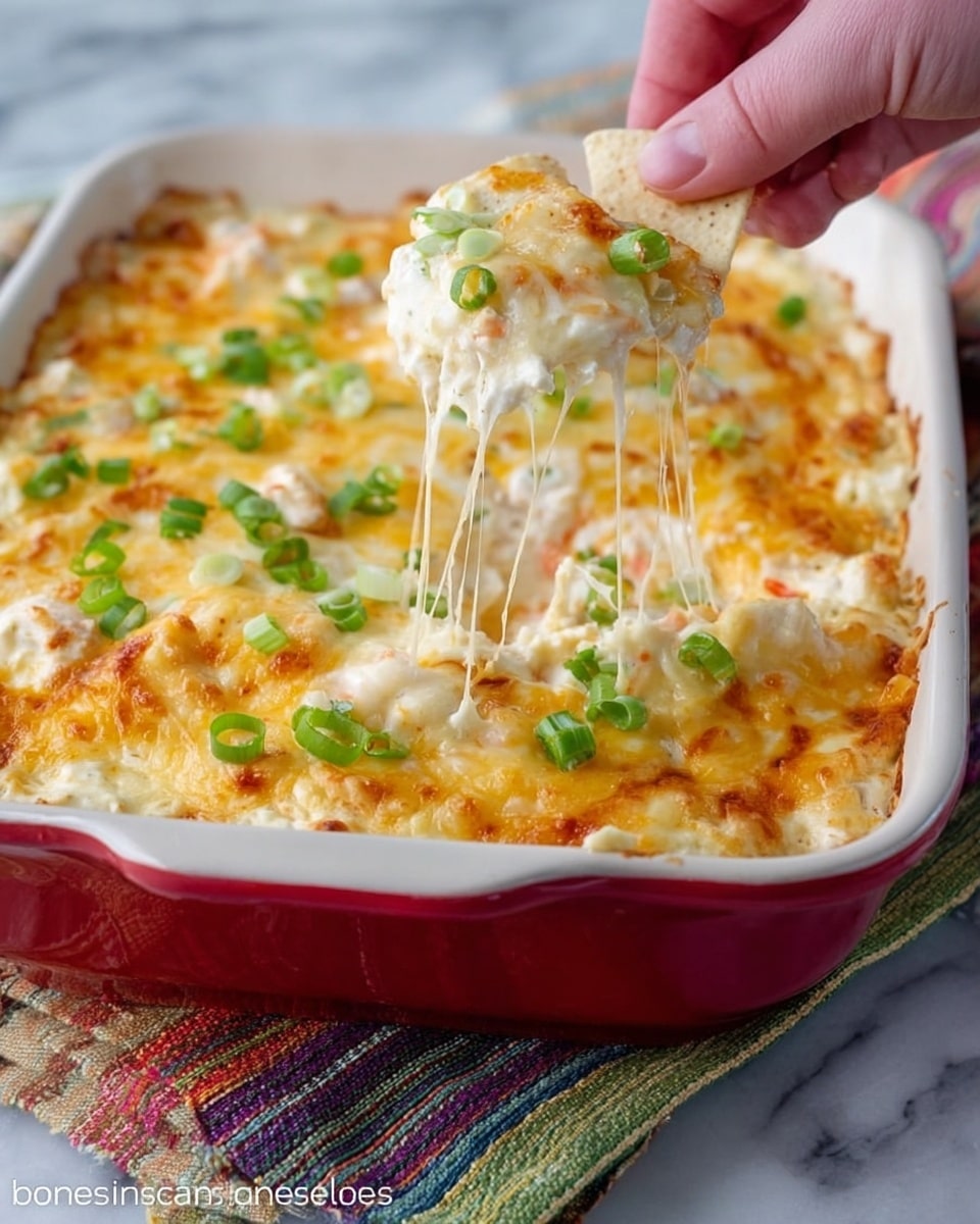 The dish is a baked casserole served in a white baking dish with a red outer edge, filled with five visible layers: a base layer of light creamy mixture with chunks of off-white pieces, a thick middle layer covered with melted, bubbly cheese in shades of white and golden yellow, topped with scattered chopped green onions adding bright green color and fresh texture. A woman's hand is pulling a portion of the dish with a round beige chip, creating long, stretchy melted cheese strands. The dish is placed on a white marbled surface with a multi-colored striped cloth partially underneath the dish. photo taken with an iphone --ar 4:5 --v 7