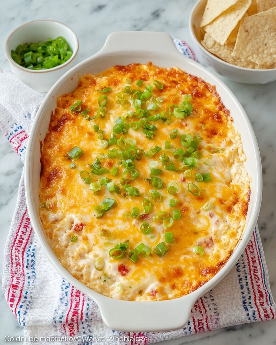 A white oval ceramic dish holds a baked cheesy dip with a golden-orange crust melted evenly on top. Bright green chopped scallions are sprinkled over the surface, adding fresh color contrast. The dip appears creamy with a soft texture under the cheese layer, and small bits of red ingredients are visible inside. The dish is set on a white marbled surface over a white cloth with small red and blue stripes. Near the dish, a small white bowl holds extra chopped scallions, and a few light beige tortilla chips rest nearby. Photo taken with an iphone --ar 4:5 --v 7
