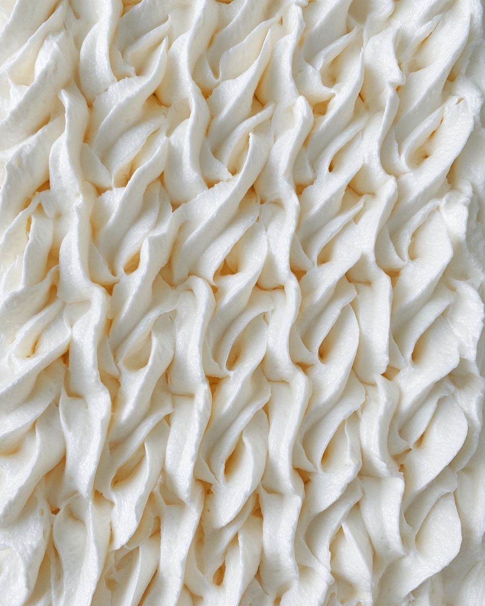 A close-up image of a dessert’s top layer showing thick, creamy white frosting piped in uniform diagonal rows, creating a textured pattern of soft peaks and valleys with smooth and slightly glossy swirls, covering the entire surface evenly. The background is a white marbled texture. photo taken with an iphone --ar 4:5 --v 7