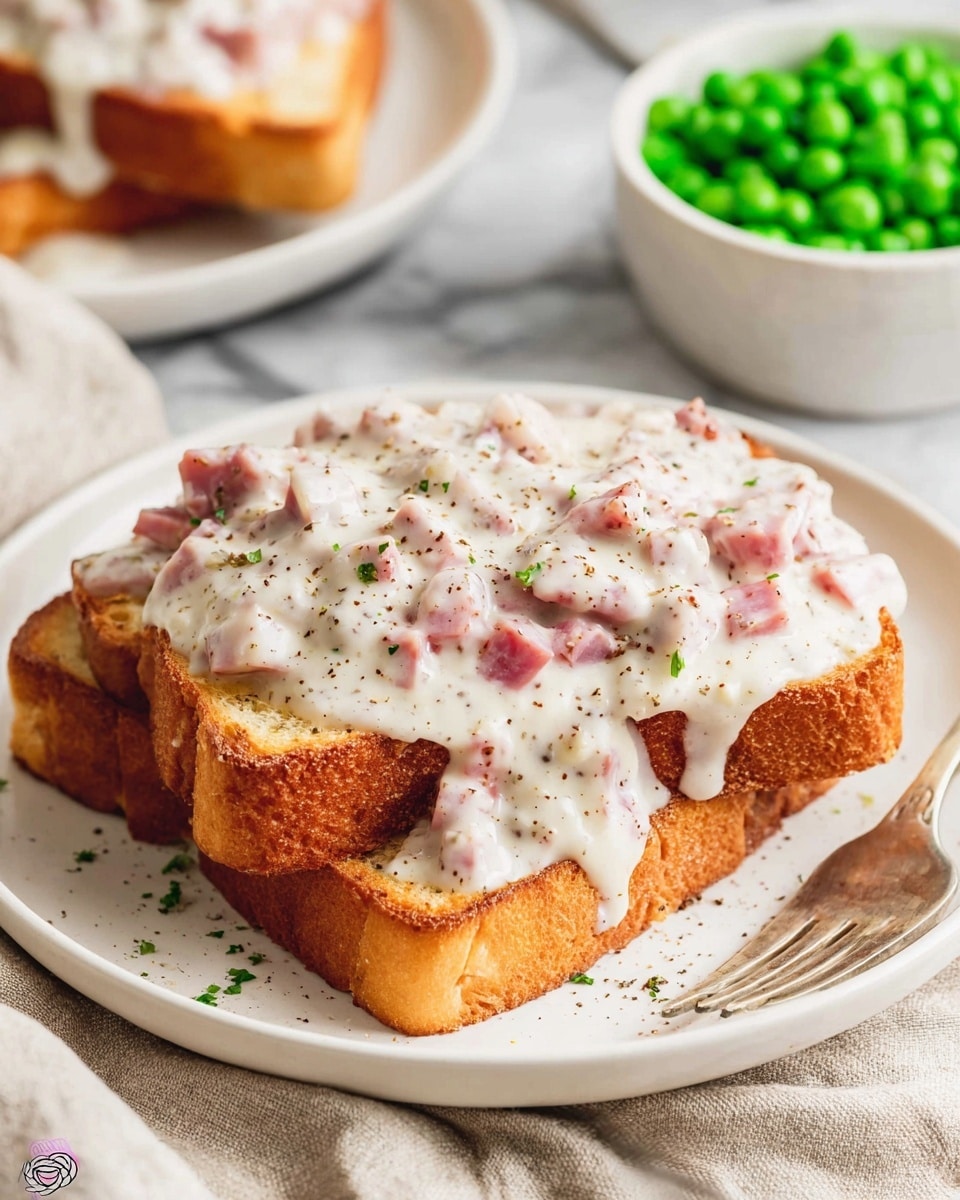A dish with two thick slices of golden brown toasted bread stacked on top of each other on a white plate. The toast is covered with a creamy white sauce mixed with pieces of pink ham, sprinkled with black pepper. In the background, there are bright green peas in a white bowl. The plate sits on a white marbled surface with a beige cloth underneath. Photo taken with an iphone --ar 4:5 --v 7