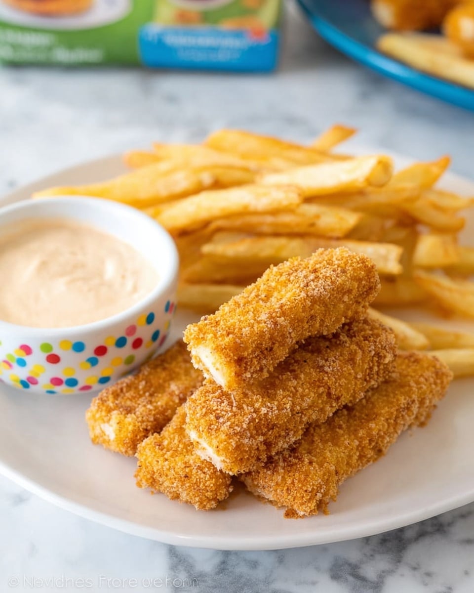 A white plate holds several golden-brown crispy breaded fish sticks placed in a small stack on the right side, with a group of light golden French fries behind them. On the left front side of the plate, there is a small white bowl with colorful polka dots containing creamy light beige dipping sauce with a smooth texture. The entire dish rests on a white marbled surface, and the background shows a blurred image of food packaging and part of a blue plate. The photo taken with an iphone --ar 4:5 --v 7