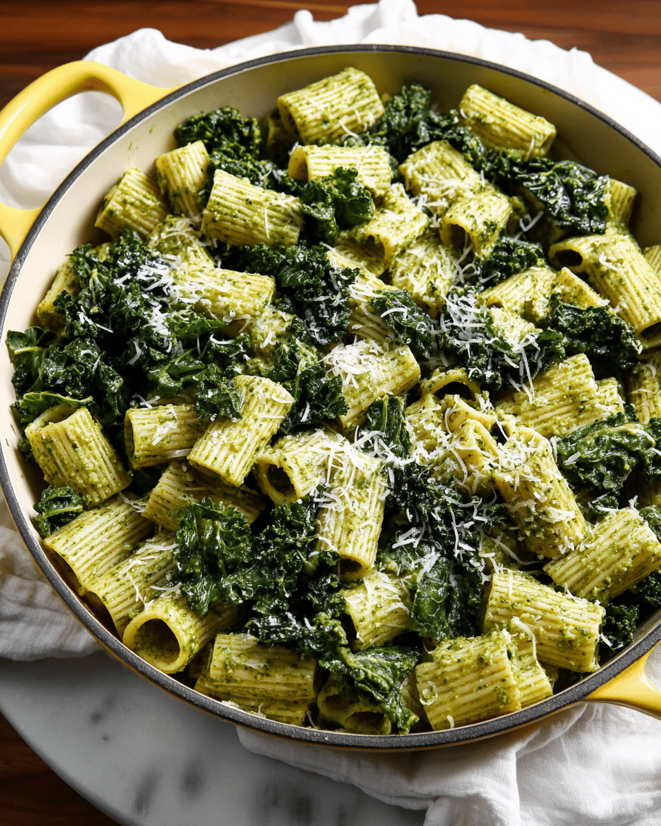 The image shows a close-up of pasta in a white pan with yellow handles, placed on a white marbled surface with a white cloth underneath. The dish has one main layer of rigatoni pasta covered in a green pesto sauce, giving the pasta a textured green and light yellow look. Mixed through the pasta are dark green wilted kale leaves, some of which curl around the pasta tubes. A light dusting of finely grated white cheese is sprinkled over the top, adding a soft contrast to the green and yellow colors. Photo taken with an iphone --ar 4:5 --v 7