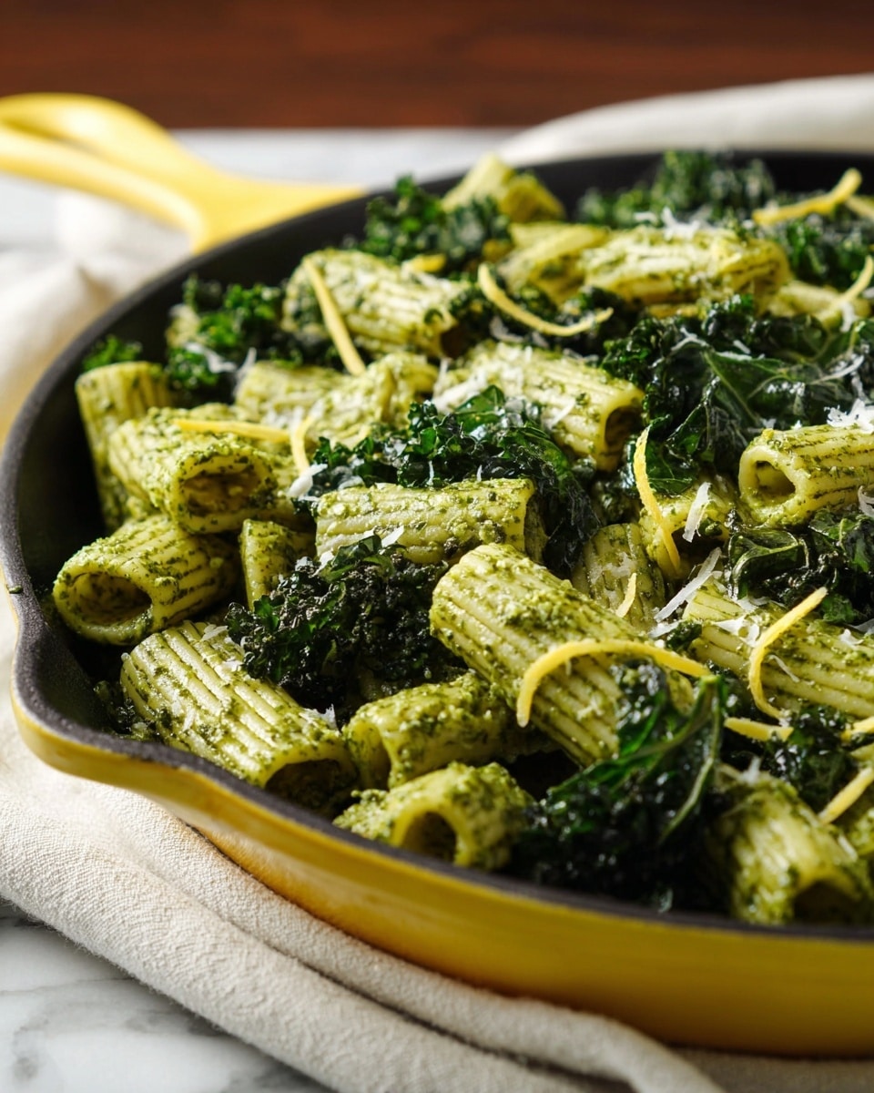 The dish is a close-up of rigatoni pasta coated in a green pesto sauce, giving each piece a textured look with visible herb flecks. Mixed with the pasta are dark green, fresh kale leaves that add a leafy texture and contrast to the smooth pasta. There are thin, pale yellow lemon zest strips scattered among the pasta and kale, adding brightness. The food is served in a yellow cast iron skillet placed on a white marbled surface with a soft cloth underneath. Light dustings of grated white cheese are sprinkled on top, enhancing the color contrast. Photo taken with an iphone --ar 4:5 --v 7