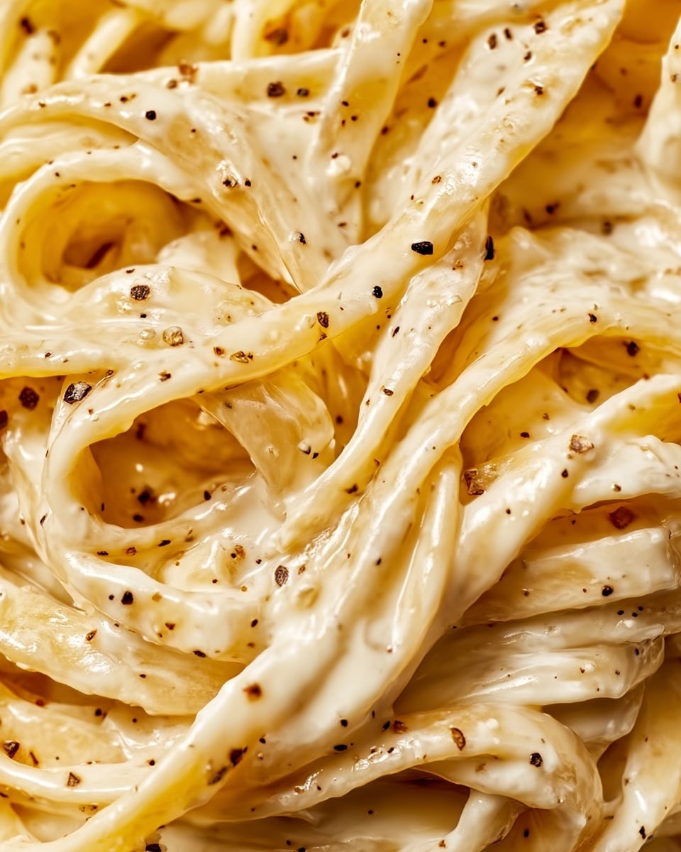 The close-up image shows thick pasta strands covered in a creamy white sauce. The sauce has a smooth and glossy texture, with small black pepper bits sprinkled evenly across the pasta. The pasta appears soft and slightly twisted, with a shiny, rich coating that highlights each strand. The background is a white marbled texture and the pasta is the main focus of the image. photo taken with an iphone --ar 4:5 --v 7