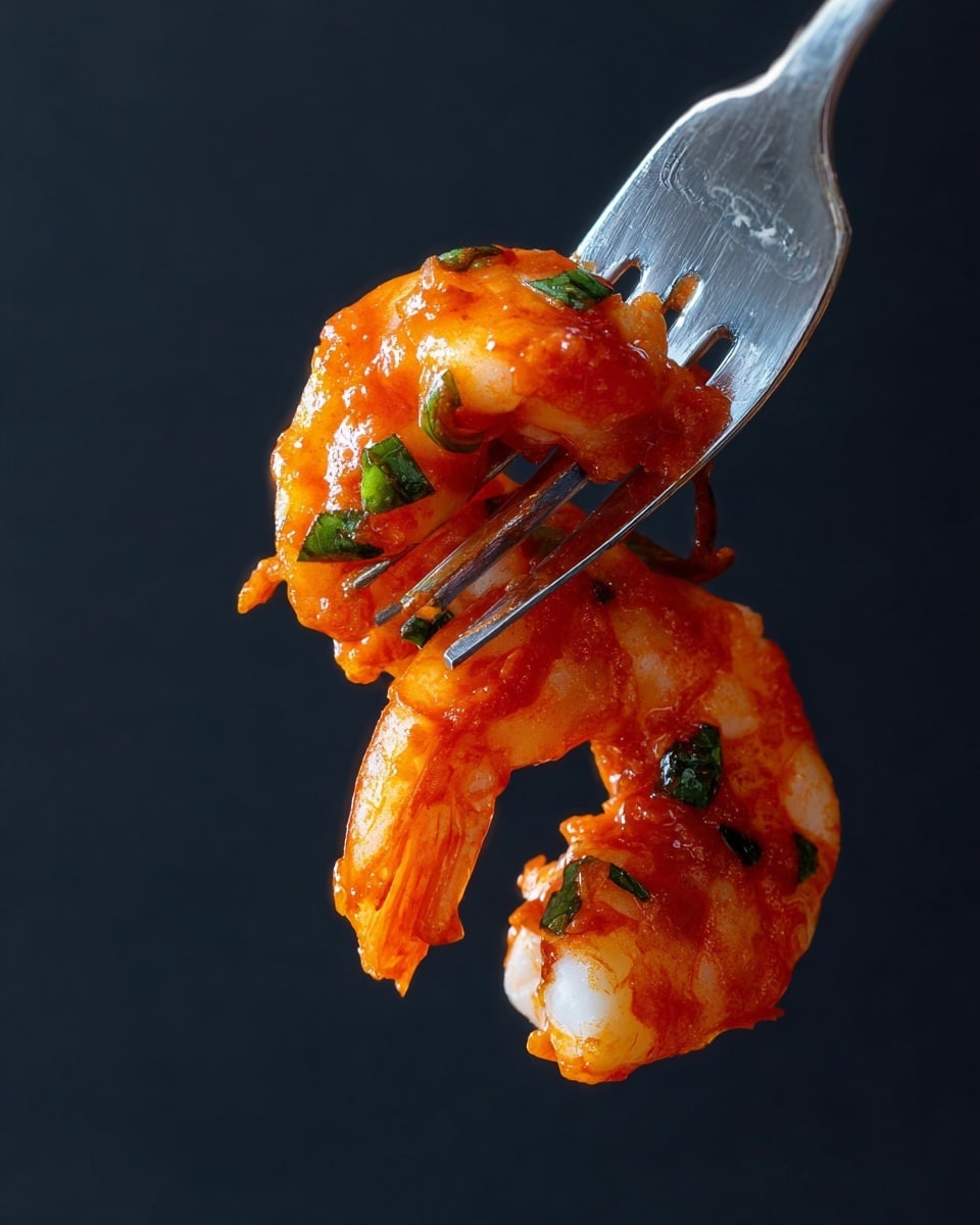 Two cooked shrimp coated with bright red-orange sauce are stacked on the prongs of a silver fork, with small green herb pieces sprinkled on them. The sauce looks thick and shiny, with bits of white creamy ingredient clinging to the shrimp. The background is a solid dark color, making the shrimp and fork stand out clearly. Photo taken with an iphone --ar 4:5 --v 7