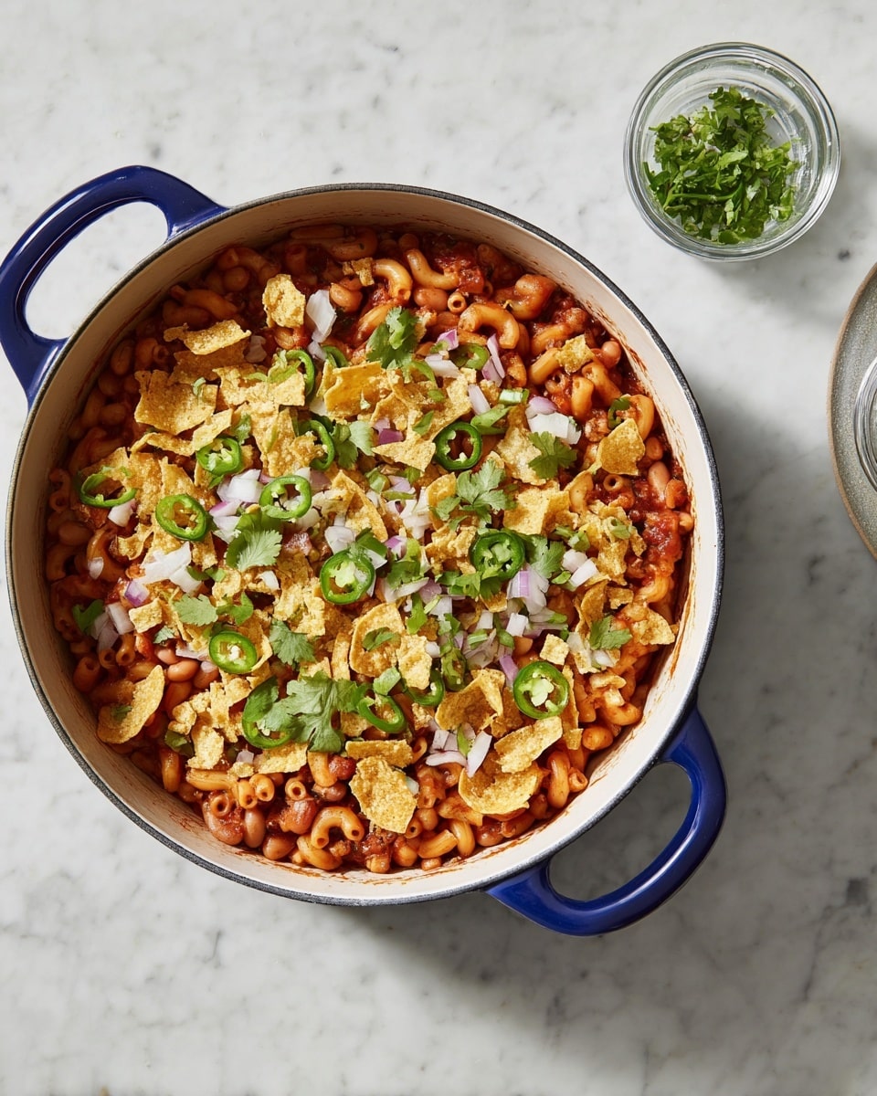 The image shows a white round cooking pot with blue handles, filled with a layered pasta dish. The bottom layer is pasta in a red tomato sauce mixed with beans, giving a dense orange-red base with bits of beans visible. On top, there are scattered crushed yellow tortilla chips, small pieces of white chopped onions, green jalapeño slices, and fresh green cilantro leaves, adding color contrast and texture. The food fills the pot almost to the top, showing a mix of soft pasta and crunchy toppings. The pot sits on a white marbled surface, and a small glass bowl with green herbs is visible in the upper right corner. photo taken with an iphone --ar 4:5 --v 7