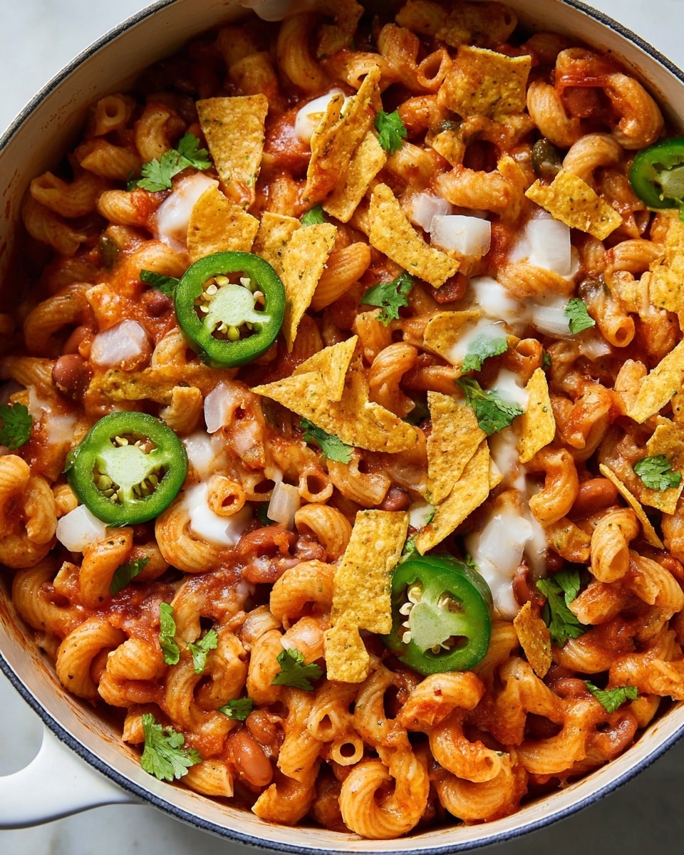 This dish shows a close-up of a white pot filled with curly pasta mixed with a thick red sauce made of tomatoes and beans. It is topped with small white onion pieces, bright green slices of jalapeño pepper with seeds visible, light green cilantro leaves, and broken yellow tortilla chips scattered evenly on top. Some melted white cheese is spread in small patches throughout the pasta, adding a creamy texture. The colors are warm and vibrant with a mix of reds, greens, yellows, and whites, all set against the white pot’s smooth interior. photo taken with an iphone --ar 4:5 --v 7