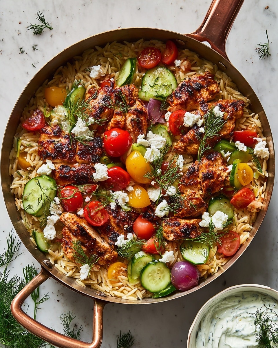 A large pan with two copper handles is filled with a layer of cooked orzo pasta in light beige scattered with small bright green dill. On top, there are several pieces of browned grilled chicken with a crispy texture; they are dark golden with charred edges. Mixed colorful cherry tomatoes in red, yellow, green, and purple are sliced and scattered among fresh thin cucumber slices, adding fresh green and bright red tones. White crumbled feta cheese is sprinkled over the dish with small green dill sprigs as garnish. The pan is placed on a white marbled textured surface with scattered dill sprigs around it. A white bowl with a creamy dip garnished with dill is seen at the bottom right corner. Photo taken with an iphone --ar 4:5 --v 7