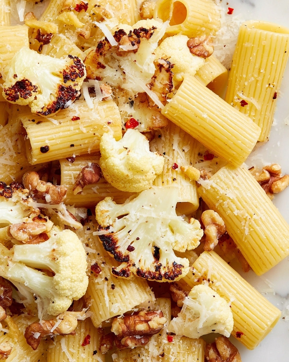 This close-up image shows rigatoni pasta mixed with roasted cauliflower florets and scattered chunks of walnuts. The rigatoni is pale yellow with ridges and a smooth texture, while the cauliflower pieces have a creamy white color with brown charred spots from roasting. There are fine shavings of white cheese sprinkled over everything, adding a slightly snowy texture. Small red chili flakes and black pepper bits are visible, giving a slight contrast to the light colors. The dish sits on a white marbled textured surface. Photo taken with an iphone --ar 4:5 --v 7