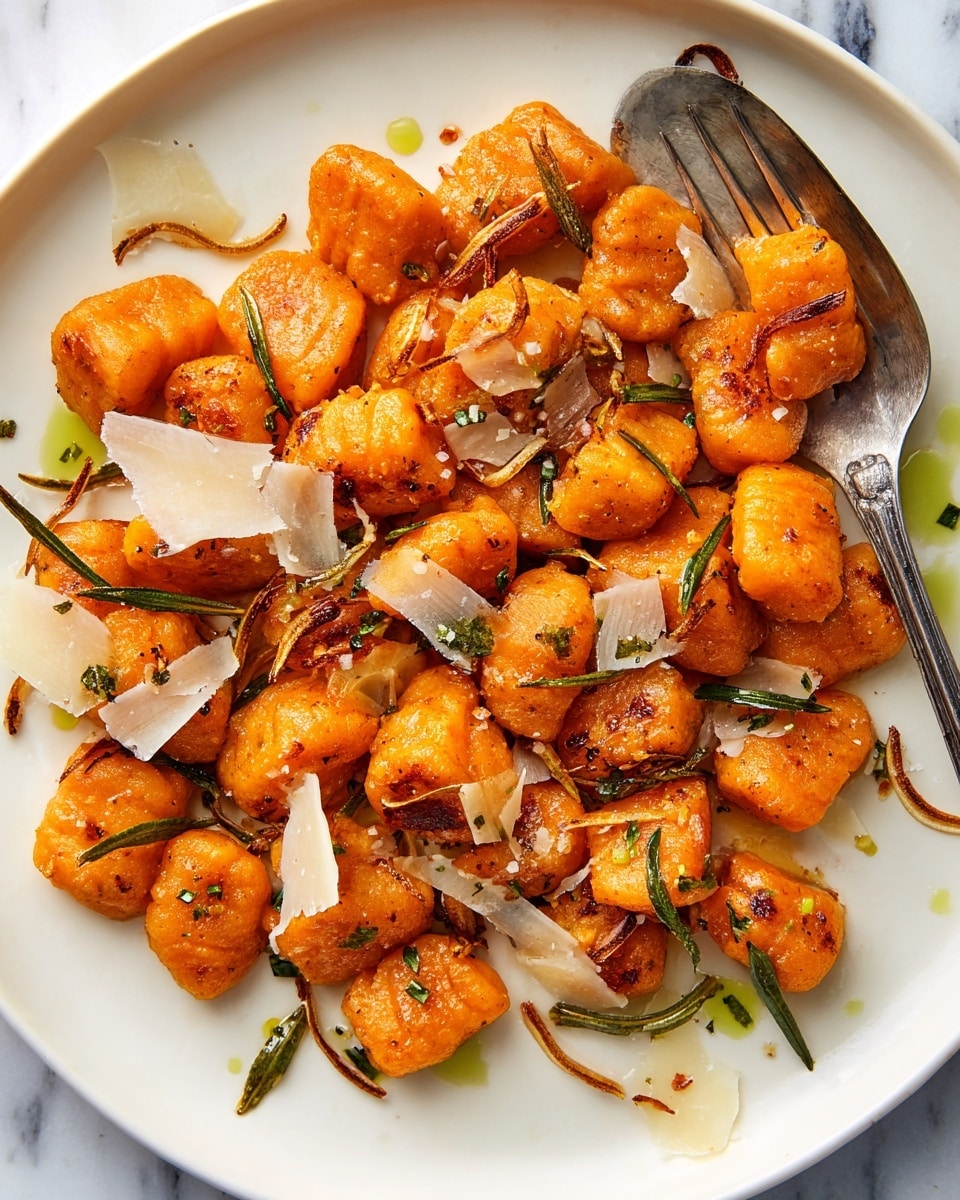 The image shows a close-up of a white plate filled with bright orange gnocchi pieces that appear crispy on the outside. The gnocchi are scattered with thin slices of toasted garlic, small shiny green leaves of rosemary, and sprinkled with chopped green herbs. There are also irregular shavings of pale white cheese spread thinly across the dish. A silver fork rests on the plate’s edge, partially under some gnocchi. The background surface has a white marbled texture. photo taken with an iphone --ar 4:5 --v 7