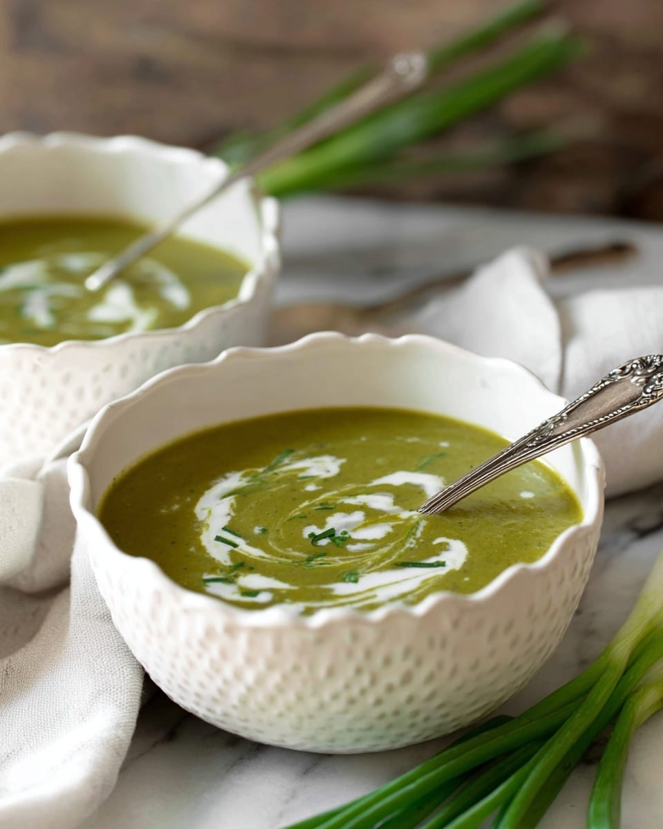 A creamy green soup with a smooth texture is served in a white bowl with a scalloped edge. The soup has a light green color and is decorated with thin swirls of white cream and small bright green herb leaves on the surface. A woman's hand holds a spoon close to the bowl, lifting some of the soup; the spoon shows the thick texture of the soup and a few herb pieces. The background is softly blurred with hints of green and white, and the entire scene is set on a white marbled texture. photo taken with an iphone --ar 4:5 --v 7