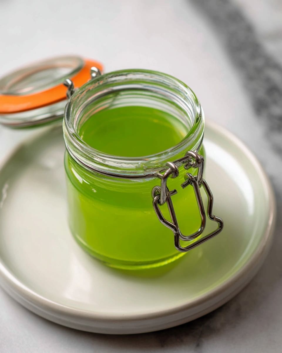 A small glass jar with an orange rubber seal and metal clasp is open, showing a bright green liquid inside. The jar is placed on a smooth white plate, all set on a white marbled surface. The green liquid looks smooth and slightly thick, filling almost to the top of the jar. Photo taken with an iphone --ar 4:5 --v 7