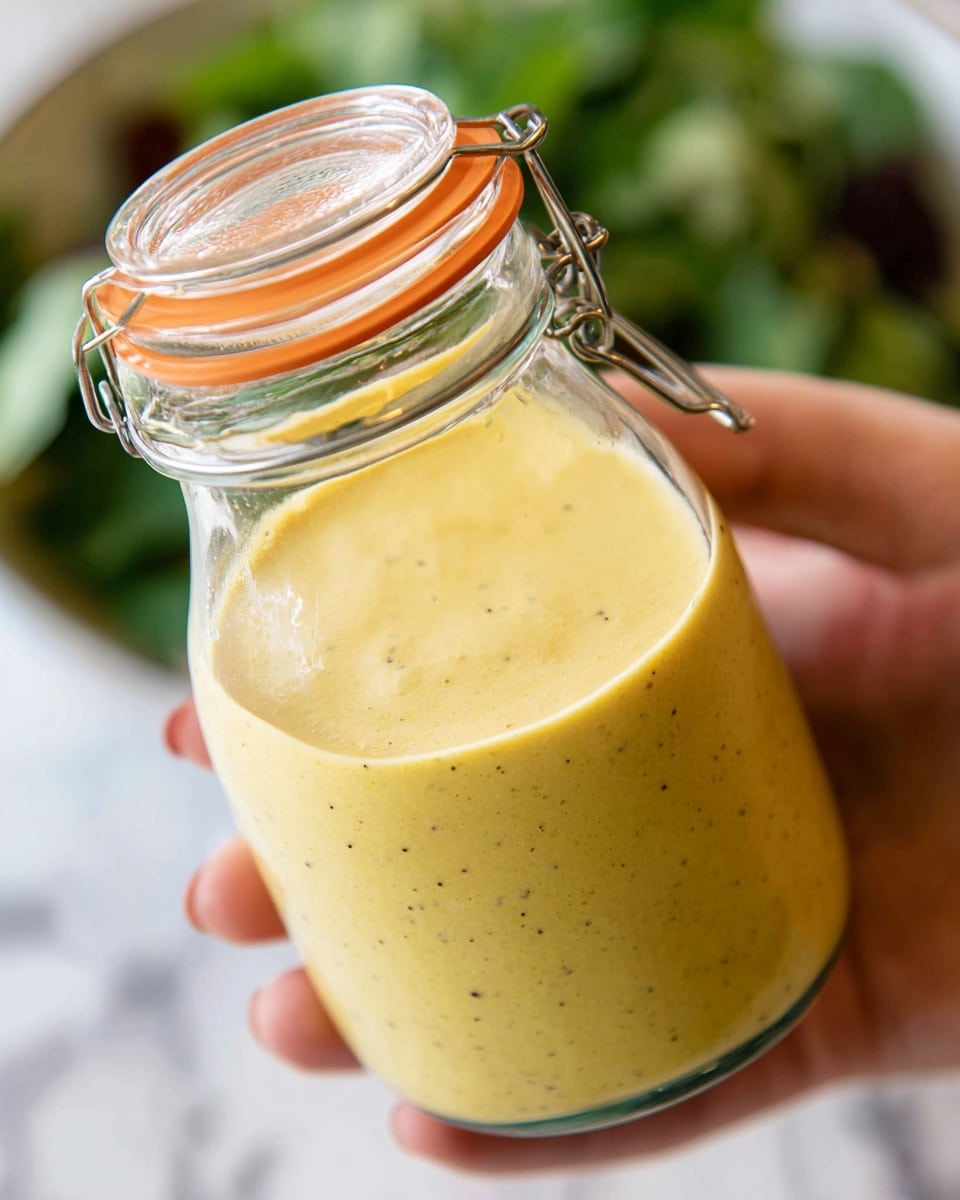 A white bowl filled with fresh, green spinach leaves that have a smooth but slightly wrinkled texture, piled loosely and filling the bowl almost to the top. A jar is tilted above the bowl, pouring a thick, light yellow dressing speckled with tiny black seeds onto the spinach. The background shows a soft, white marbled surface, slightly blurred to keep the focus on the bowl and dressing. The shot is close-up, capturing the texture of the spinach and the flow of the dressing in detail. photo taken with an iphone --ar 4:5 --v 7