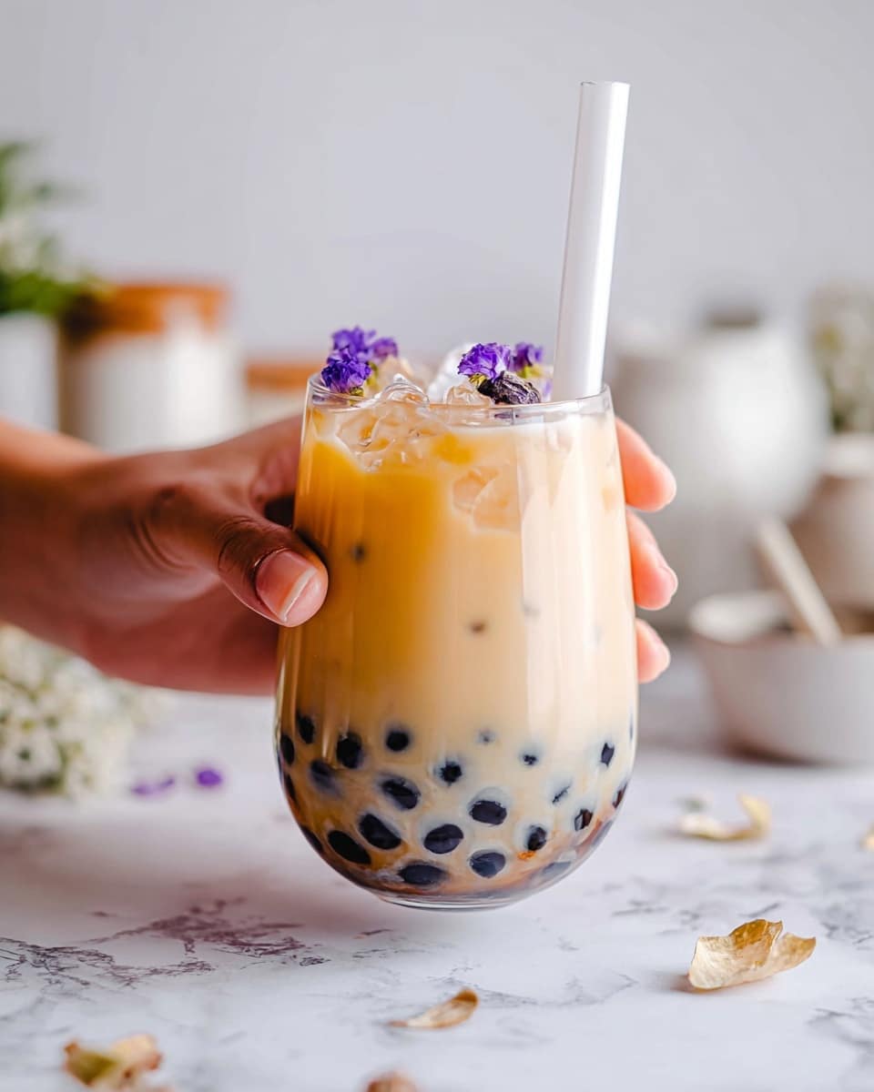 A clear rounded glass held by a woman's hand contains a three-layered drink. The bottom layer is dark brown black tapioca pearls settled at the base. Above that, there is a creamy light beige liquid filling most of the glass with visible ice cubes inside. The top surface is garnished with a few small purple flower petals. A thick white straw stands inside the drink. The background features a white marbled surface with scattered dried flower petals and blurred white and beige containers in the distance. photo taken with an iphone --ar 4:5 --v 7