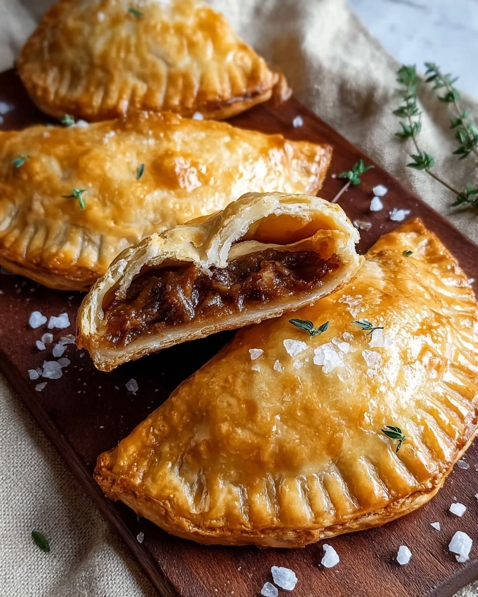 A golden brown meat pie cut in half shows its soft, flaky layers on the top and bottom with a slightly crisp edge. Inside, dark brown shredded meat fills the pie, surrounded by a thick, glossy gravy that spills out onto a wooden board beneath. Coarse sea salt flakes and small green herb sprigs are scattered around the pie and sprinkled on top, adding texture and color contrast. The background is a white marbled texture. photo taken with an iphone --ar 4:5 --v 7