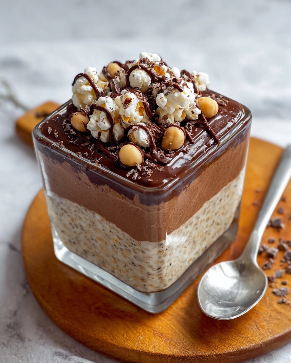 A square clear glass container shows a three-layer dessert placed on a wooden board with a silver spoon nearby. The bottom layer is a light beige oatmeal or grain base with small specks visible, followed by a thick, smooth dark brown chocolate layer above it. The top layer is decorated with small popped popcorn, round beige nuts, drizzles of glossy dark chocolate sauce, and sprinkled dark chocolate shavings, giving a mix of crunchy and creamy textures. The background is a white marbled texture. photo taken with an iphone --ar 4:5 --v 7