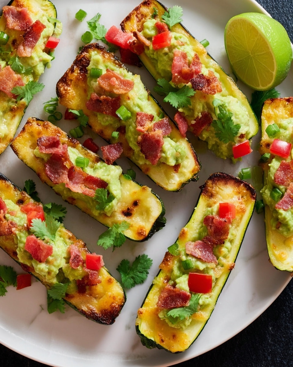 The image shows six zucchini boats placed on a white plate with a white marbled background. Each boat is made from half a zucchini with the inside scooped out and filled with a layer of melted golden cheese, topped with a chunky layer of green guacamole. On top of the guacamole are small pieces of red bacon, diced red tomatoes, and tiny green bell pepper pieces, finished with fresh green cilantro leaves scattered over and around the boats. There is a quarter slice of lime on the right side of the plate. The colors are vibrant, with the green, red, and golden yellow contrasting against the white plate and background. Photo taken with an iphone --ar 4:5 --v 7