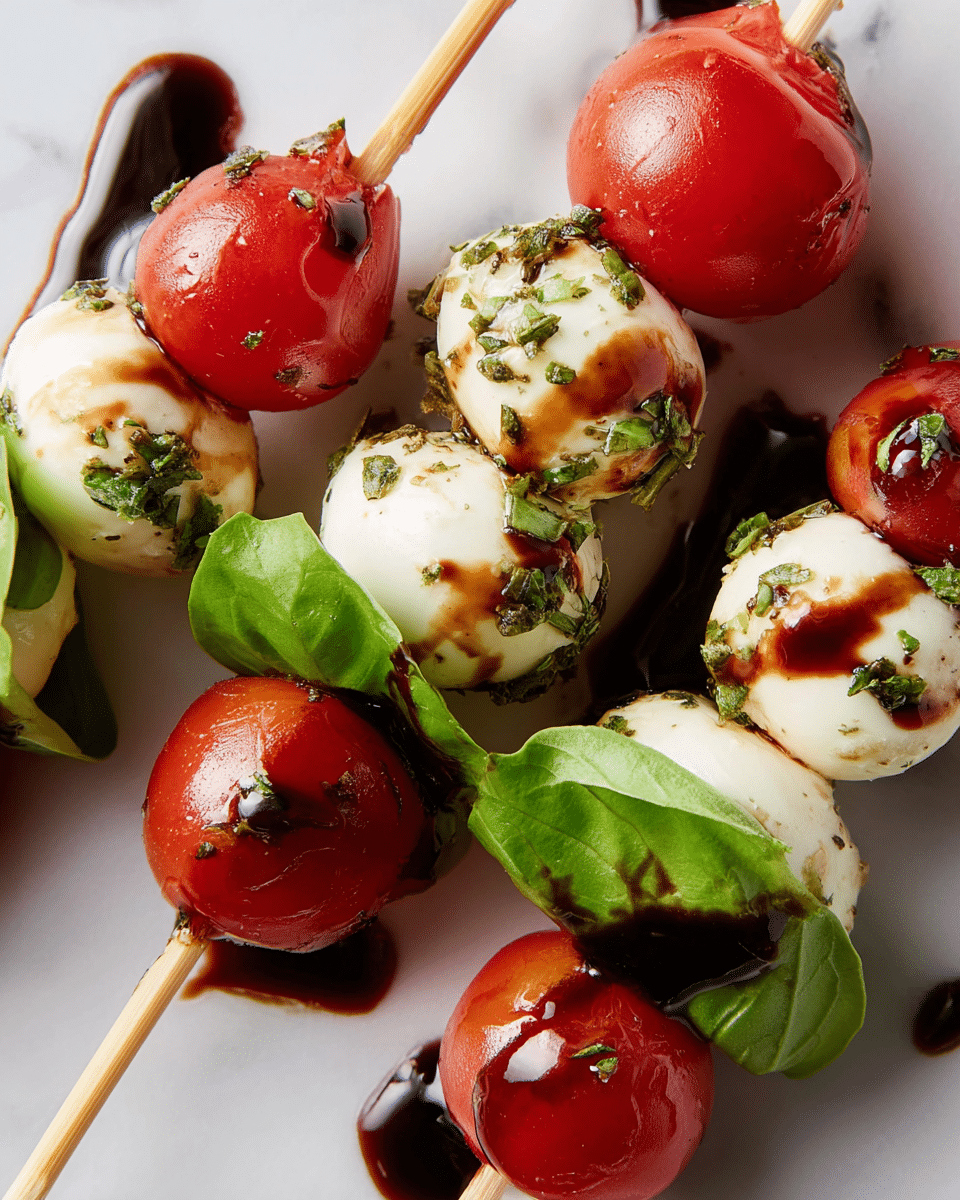 The image shows skewers with three layers on each: a bright red cherry tomato, a white mozzarella ball sprinkled with green herbs, and a fresh green basil leaf folded next to the tomato. The layers have shiny textures from the balsamic glaze drizzled thickly on top. The skewers are arranged on a white marbled surface, with the rich dark brown glaze creating contrast over the red, white, and green colors. Photo taken with an iphone --ar 4:5 --v 7