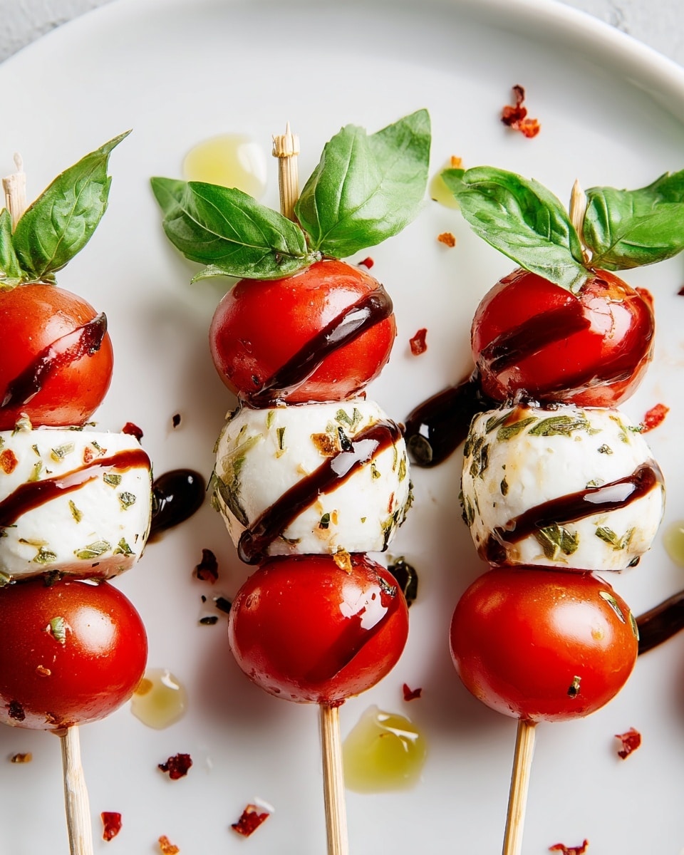 Four small skewers each have three layers: the bottom layer is a bright red cherry tomato, the middle layer is a white mozzarella ball speckled with herbs and spices, and the top layer is a fresh green basil leaf, with another red cherry tomato on top. Each skewer is drizzled with a dark brown balsamic glaze. The skewers rest on a white plate against a white marbled texture background, with small drops of olive oil and bits of crushed red pepper scattered around. The lighting highlights the freshness and moisture on the tomatoes and mozzarella. Photo taken with an iphone --ar 4:5 --v 7