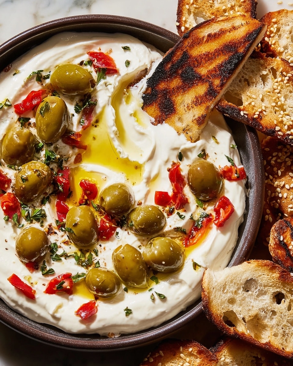 A close-up view of a creamy white yogurt dip filled in a round dark bowl, topped with whole and sliced green olives, small red pepper pieces, fresh herbs, and drizzles of golden olive oil, with a slight swirl in the middle showing the texture of the dip. On the right side, a toasted slice of bread with grill marks is dipped partially into the yogurt dip. Surrounding the bowl are toasted bread slices with sesame seeds and crackers, all placed on a white marbled surface. photo taken with an iphone --ar 4:5 --v 7