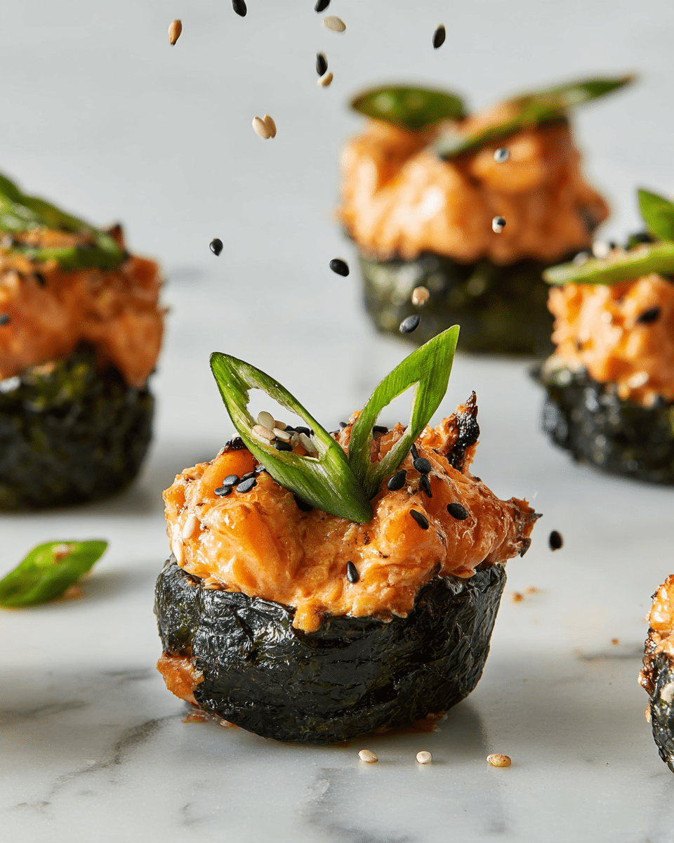 The image shows small, round sushi cups made with crispy dark green seaweed forming the outer shell. Inside each cup, there is a creamy, orange-colored topping made of cooked salmon or spicy fish mixture, with a slightly charred texture on top. Thin green slices of scallion are placed decoratively on the fish, with white and black sesame seeds scattered over the surface and falling mid-air. The sushi cups sit directly on a white marbled surface with a clean and simple look, bright natural light accentuating the colors and textures in the scene. photo taken with an iphone --ar 4:5 --v 7