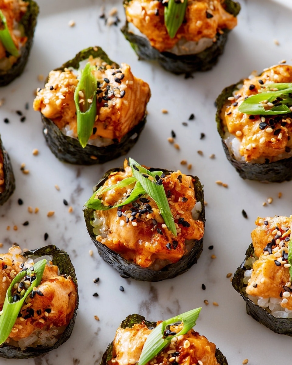 The image shows several small sushi cups on a white marbled surface, each made with a dark green nori seaweed cup filled with white rice at the bottom. On top of the rice, there is a layer of cooked salmon coated in a creamy orange sauce, giving the top a slightly browned and bubbly texture. Each sushi cup is garnished with thin slices of bright green scallions and sprinkled with a mix of black and white sesame seeds, adding contrast and texture. The sushi cups are evenly spaced, highlighting their round shape and vibrant colors. photo taken with an iphone --ar 4:5 --v 7