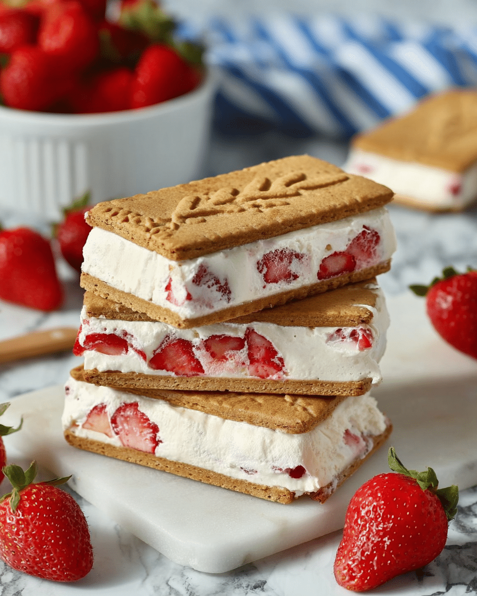The image shows three rectangular ice cream sandwiches stacked on a white marbled surface, each made of three layers: the bottom layer is a light brown cookie with visible edges, the middle layer is thick white cream with red strawberry pieces scattered inside, and the top layer is another light brown cookie with a leaf pattern design. The cream looks smooth and slightly fluffy, with chunks of red strawberries clearly seen through it. In the background, there is a white bowl filled with fresh red strawberries and a blue and white striped cloth, enhancing the fresh and inviting look of the dessert. Photo taken with an iphone --ar 4:5 --v 7