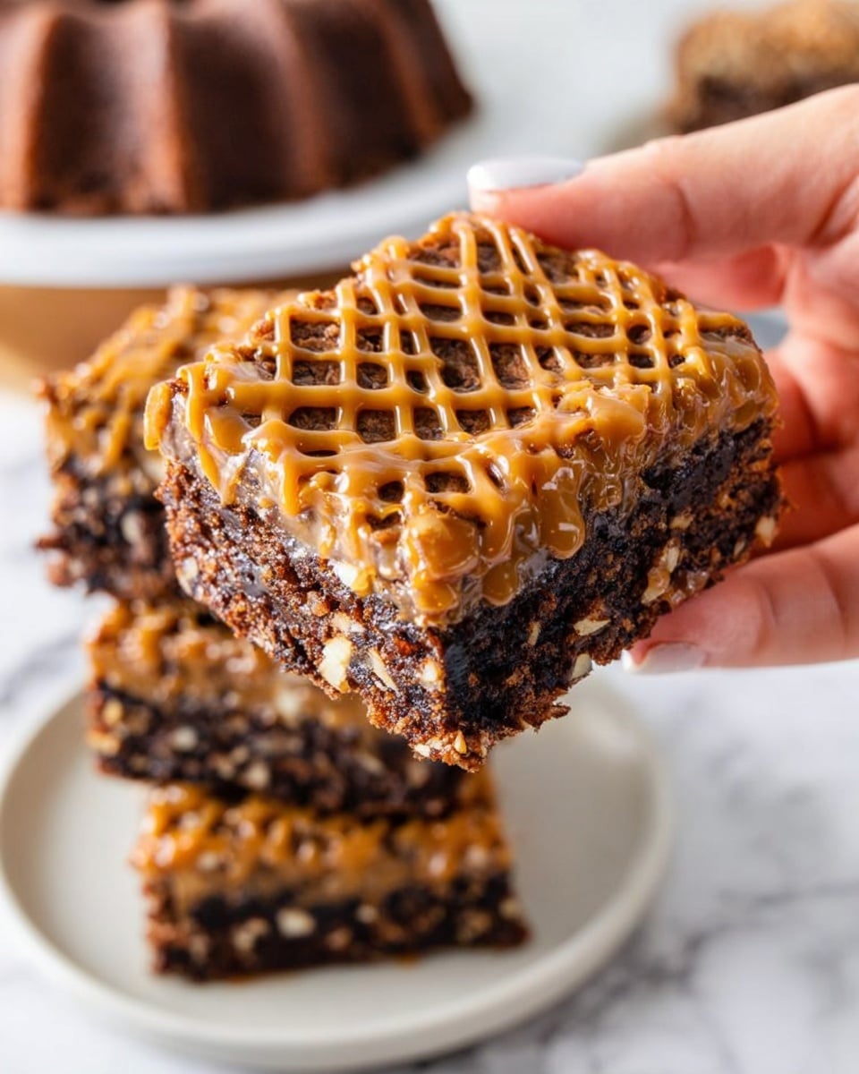 A close-up of a square brownie bar held between two fingers of a woman's hand, showing three thick layers: the bottom layer is dense and dark chocolate with some white nut pieces, the middle layer is similar dark chocolate with a rough texture, and the top layer is covered with a drizzle of smooth caramel sauce creating a crisscross pattern. In the background, a stack of similar brownie squares sits on a white plate on a white marbled surface, with a blurred chocolate bundt cake faintly visible behind. Photo taken with an iphone --ar 4:5 --v 7