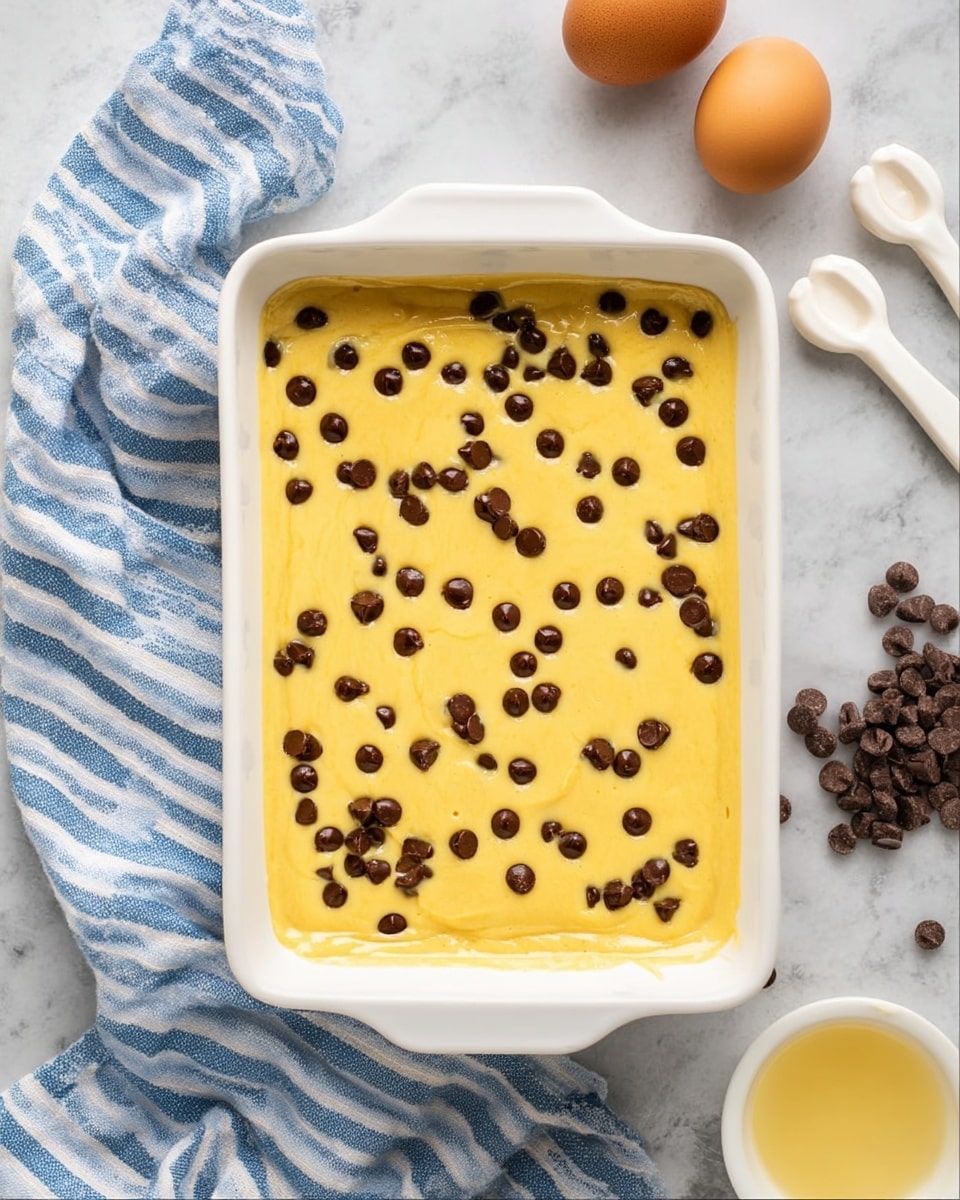 A white rectangular baking dish filled with a smooth, bright yellow batter that has dark brown chocolate chips scattered evenly on the surface, with some chips slightly sunken in. The dish is placed on a white marbled surface with two whole brown eggs and a small pile of chocolate chips to the right. Part of a striped blue and white cloth is draped casually to the left side, and three white measuring spoons rest in the top right corner near the eggs. A small white bowl containing a pale yellow liquid is also visible at the bottom right. Photo taken with an iphone --ar 4:5 --v 7