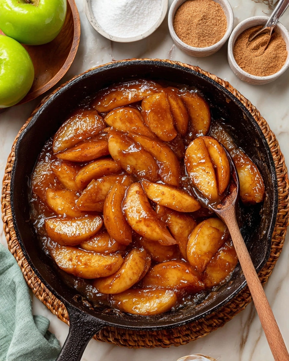 A black cast iron skillet filled with two layers of thick apple slices cooked in a shiny, rich brown caramel sauce that coats each slice, giving them a glossy texture. A wooden spoon rests inside the pan, partially lifting some apple slices to show their soft, tender texture. The skillet sits on a round woven trivet placed on a white marbled surface. Around the skillet are small white bowls containing light brown cinnamon powder and white granulated sugar, along with a fresh green apple near the top edge. Photo taken with an iphone --ar 4:5 --v 7