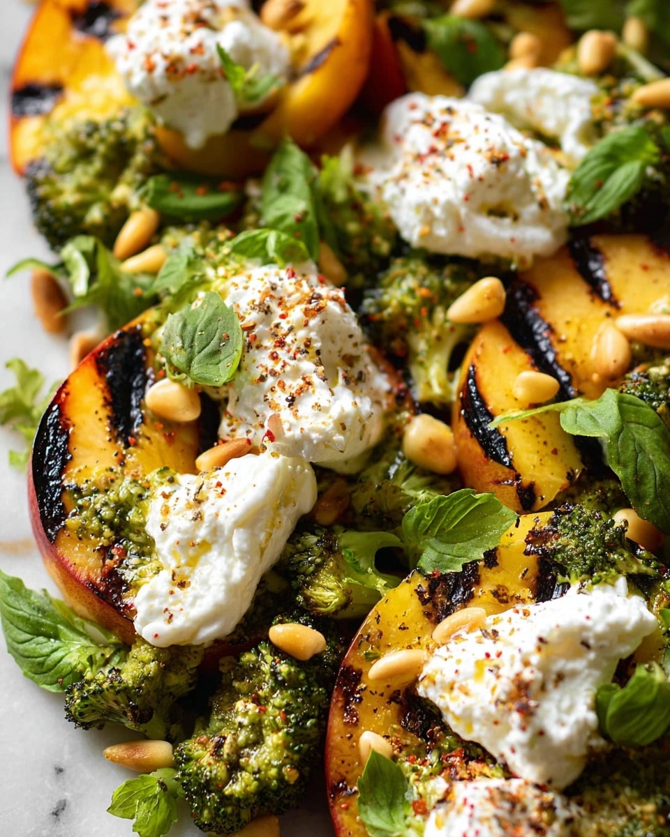 A close-up of a dish showing three main layers: the bottom layer has charred, golden-brown grilled peach slices with black grill marks, mixed with small green broccoli florets covered lightly with green pesto sauce; the middle layer displays dollops of soft, white creamy cheese sprinkled with black pepper and reddish spice; the top layer is decorated with scattered pale pine nuts and fresh green herb leaves, all set against a white marbled texture background. photo taken with an iphone --ar 4:5 --v 7