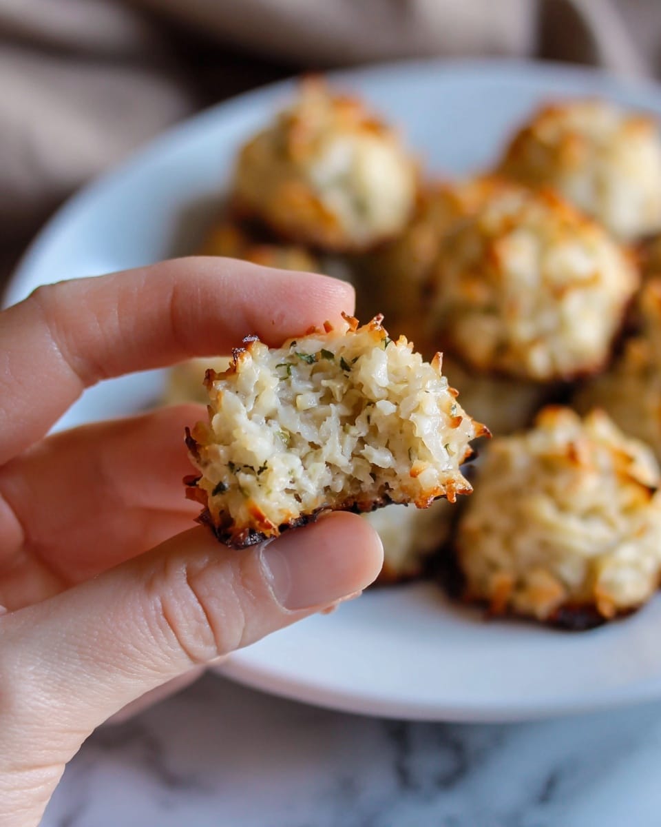 A close-up of a woman's hand holding a bite-sized coconut macaroon with a rough, textured outer layer covered in small, shredded coconut pieces, showing a soft, moist inside that is light beige with specks of green and brown. In the background, a white plate holds several more macaroons, all rounded with golden-brown toasted tops and similar textured surfaces, resting on a white marbled texture. The setting is softly lit, giving a warm, inviting feel. photo taken with an iphone --ar 4:5 --v 7