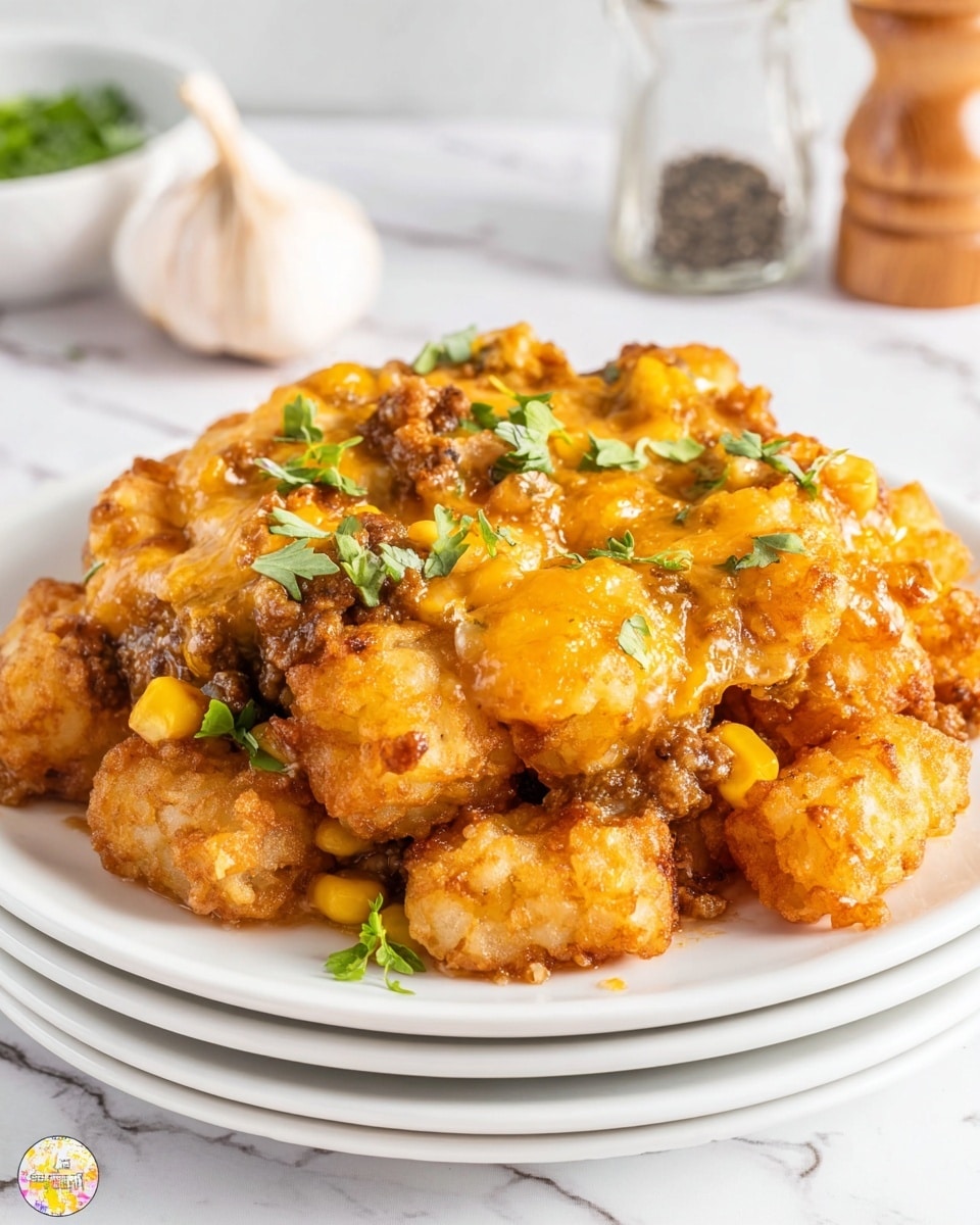 The dish is served on a stack of white plates on a white marbled surface. It has one main layer filled with crispy golden brown tater tots mixed with melted yellow cheese that looks creamy and gooey. Scattered within the cheesy layer are bits of brown ground meat and bright yellow corn kernels. The top is garnished with small green herb leaves, adding a fresh color contrast to the warm tones of the food. In the background, there is a blurred garlic clove and a clear pepper shaker. photo taken with an iphone --ar 4:5 --v 7