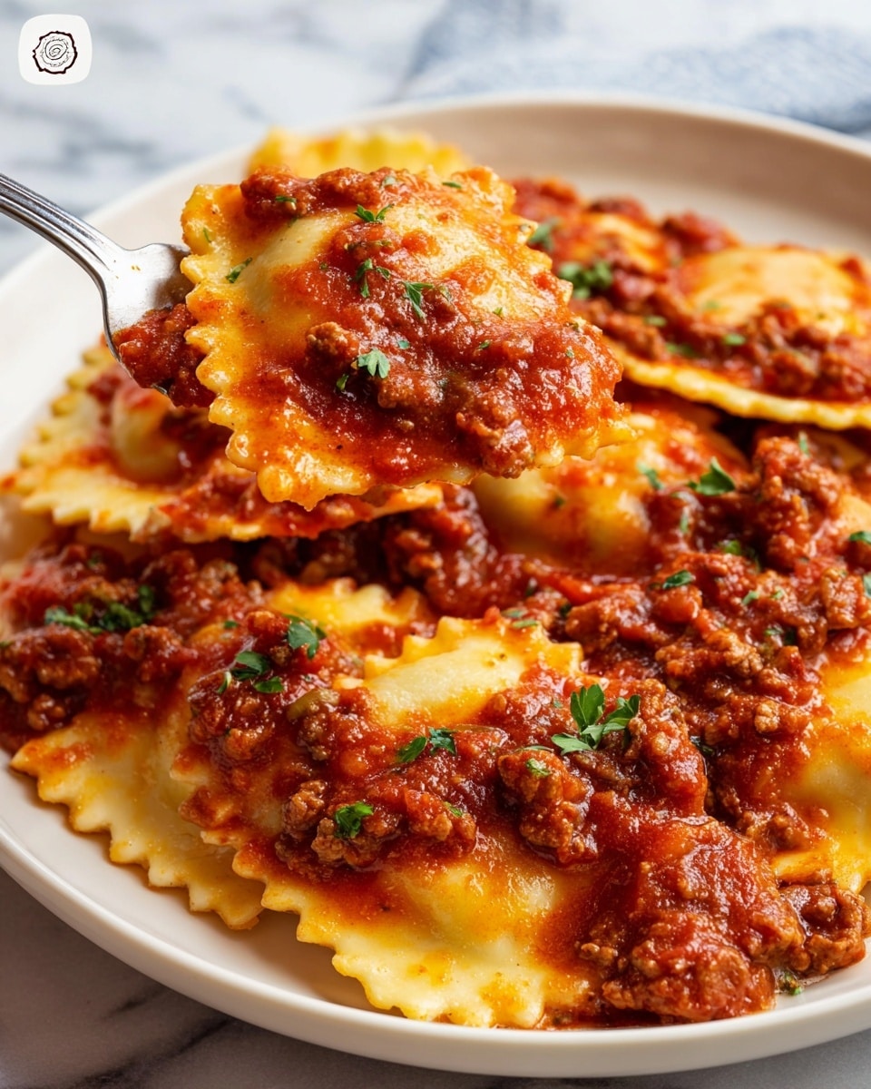 A close-up view of a white plate filled with ravioli covered in a rich, chunky red tomato sauce with ground meat and small bits of onion. The ravioli have crimped edges and a smooth, yellow pasta surface peeking through the sauce. The top layer shows the ravioli garnished with small green parsley pieces, and the sauce has a slightly glossy texture, with visible cheese melted into the sauce. A silver fork is lifting one ravioli, showing the layers of soft pasta and hearty sauce below. The background features a white marbled texture. photo taken with an iphone --ar 4:5 --v 7